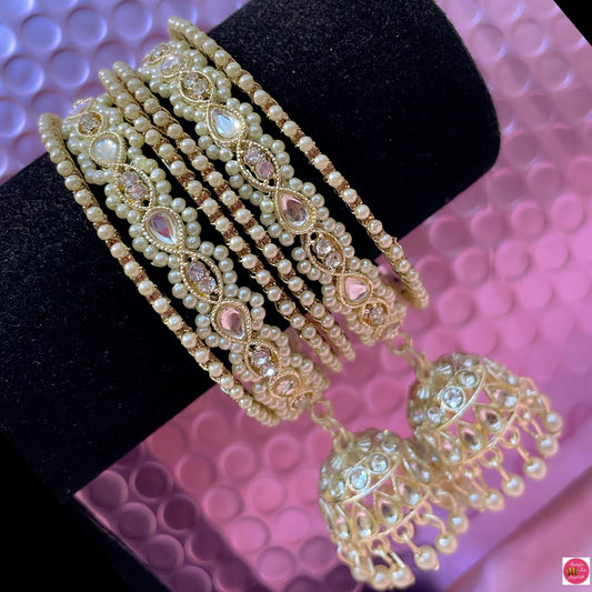 Kundan Pearl Hanging Metal Bangles Set- Size 2.2