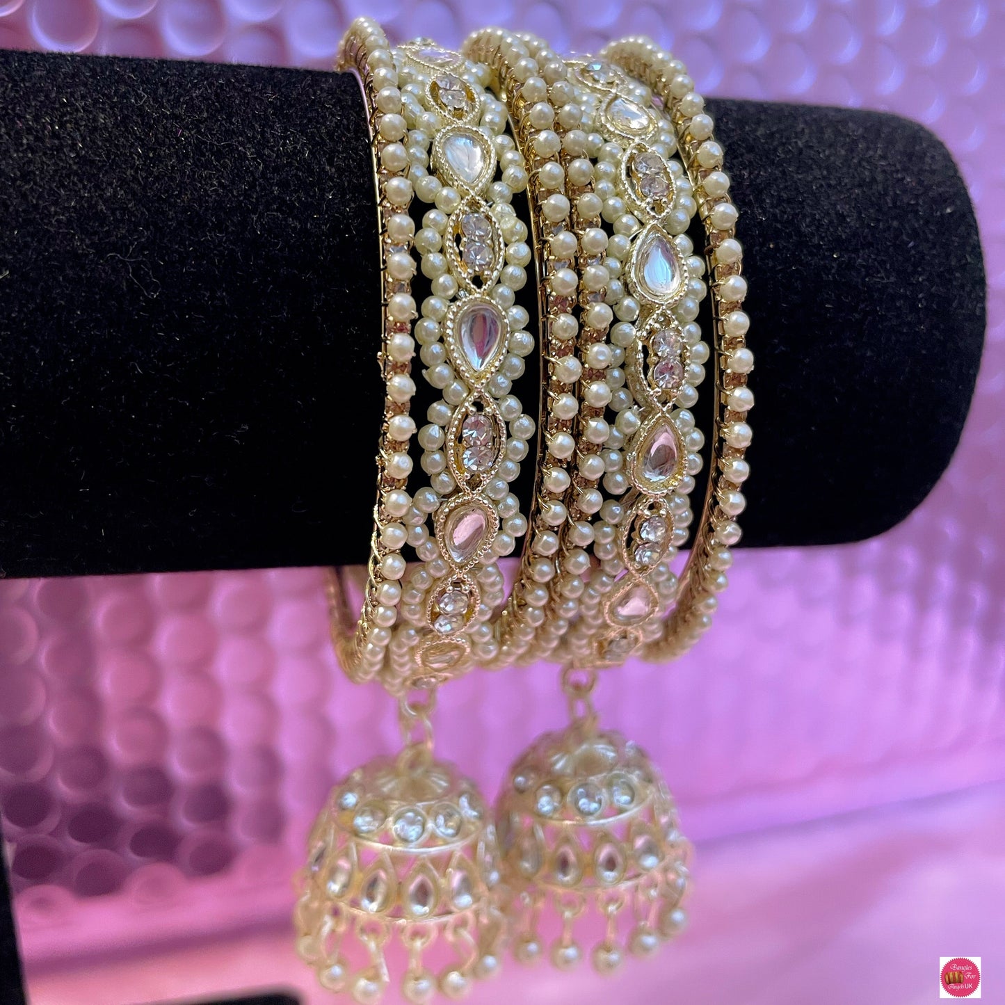 Kundan Pearl Hanging Metal Bangles Set- Size 2.2