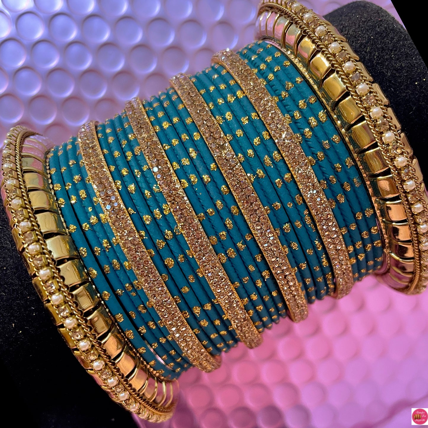 Gold Zirconia Metal Bangles Set- Teal