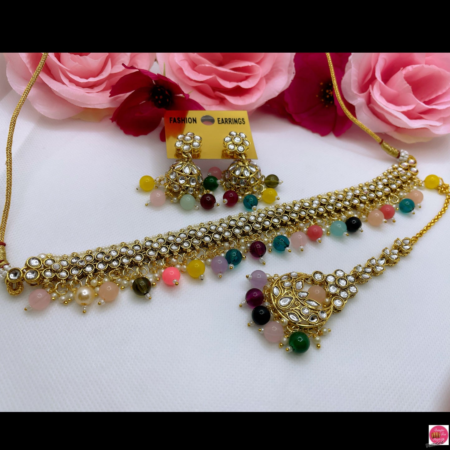 Kundan Multicoloured Choker, Earings & Maang Tikka Set