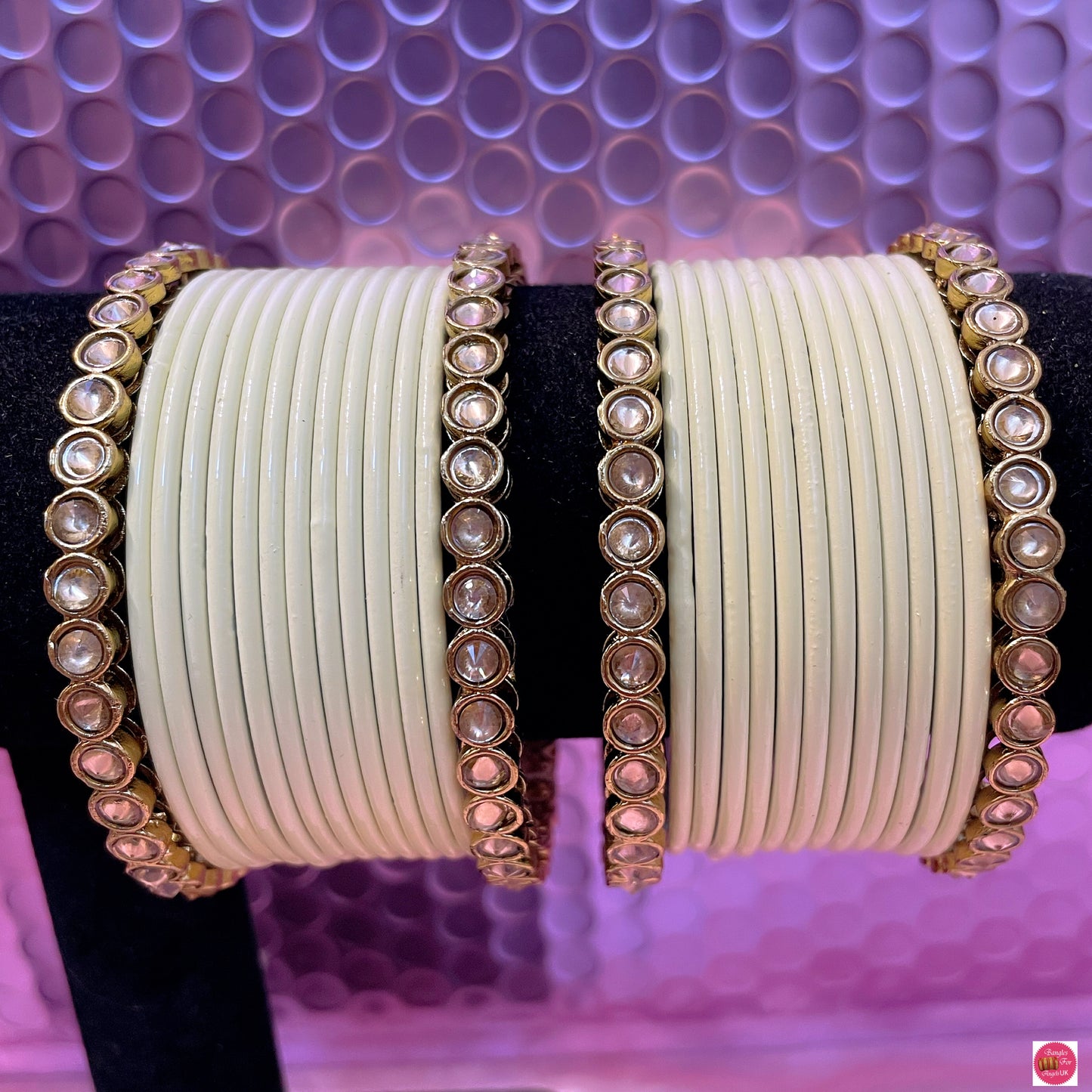 Kundan Metal Bangles Set- Cream/Off White