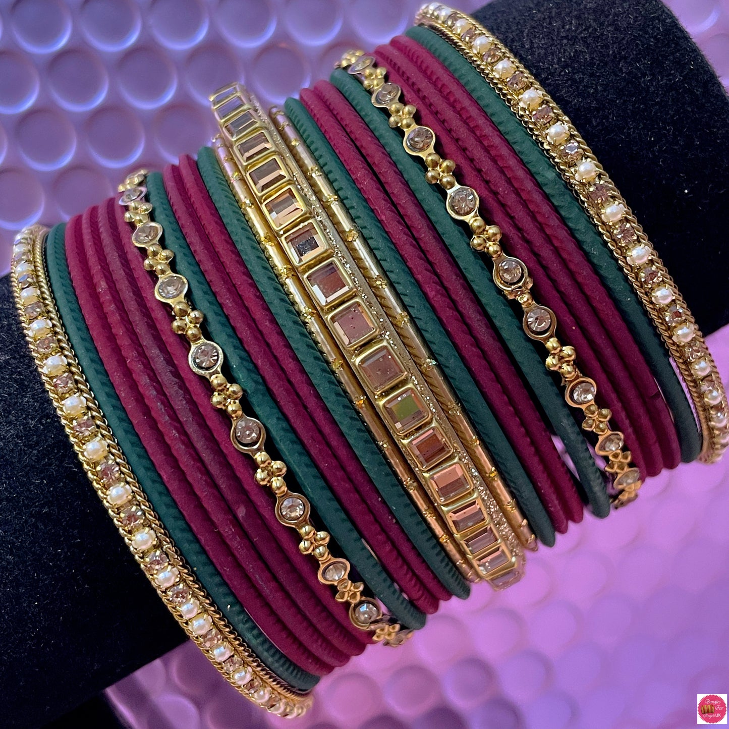 Gold Metal Bangles Set- Maroon/Green