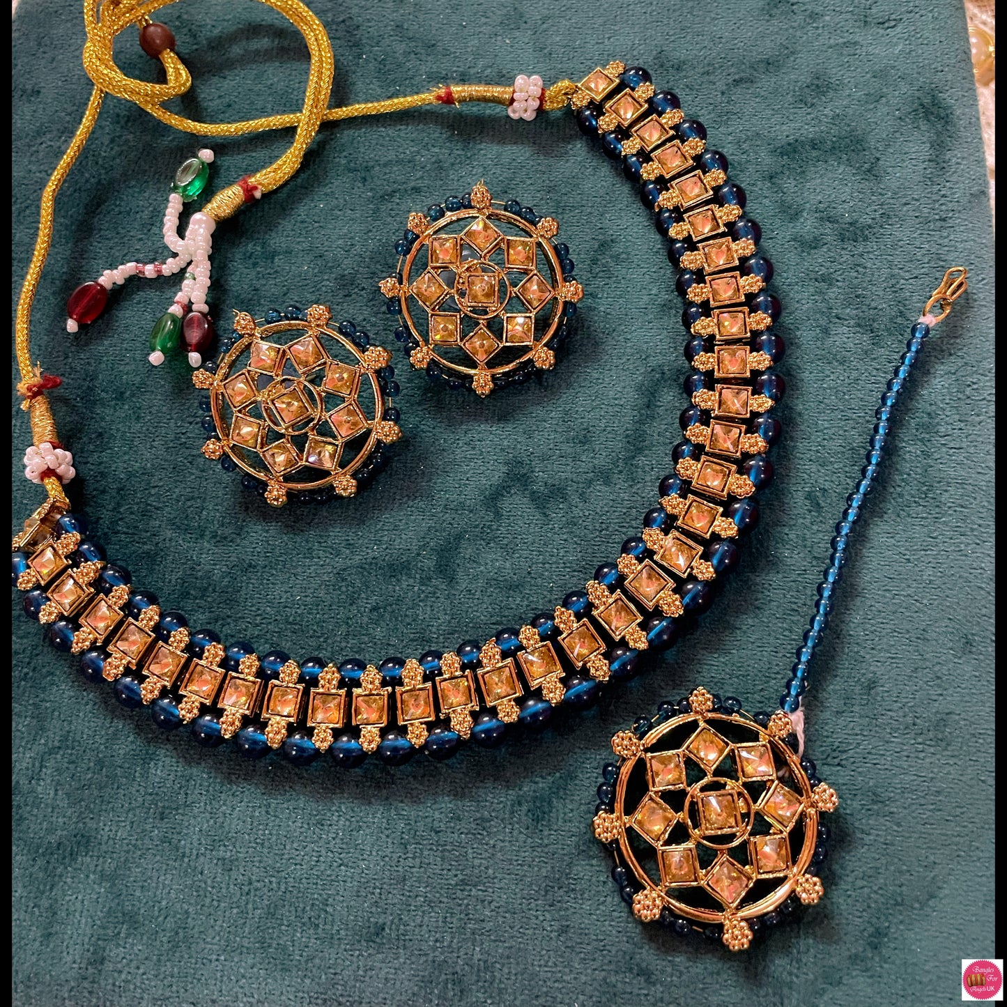 Kundan Necklace, Earings & Maang Tikka Set- Teal Blue