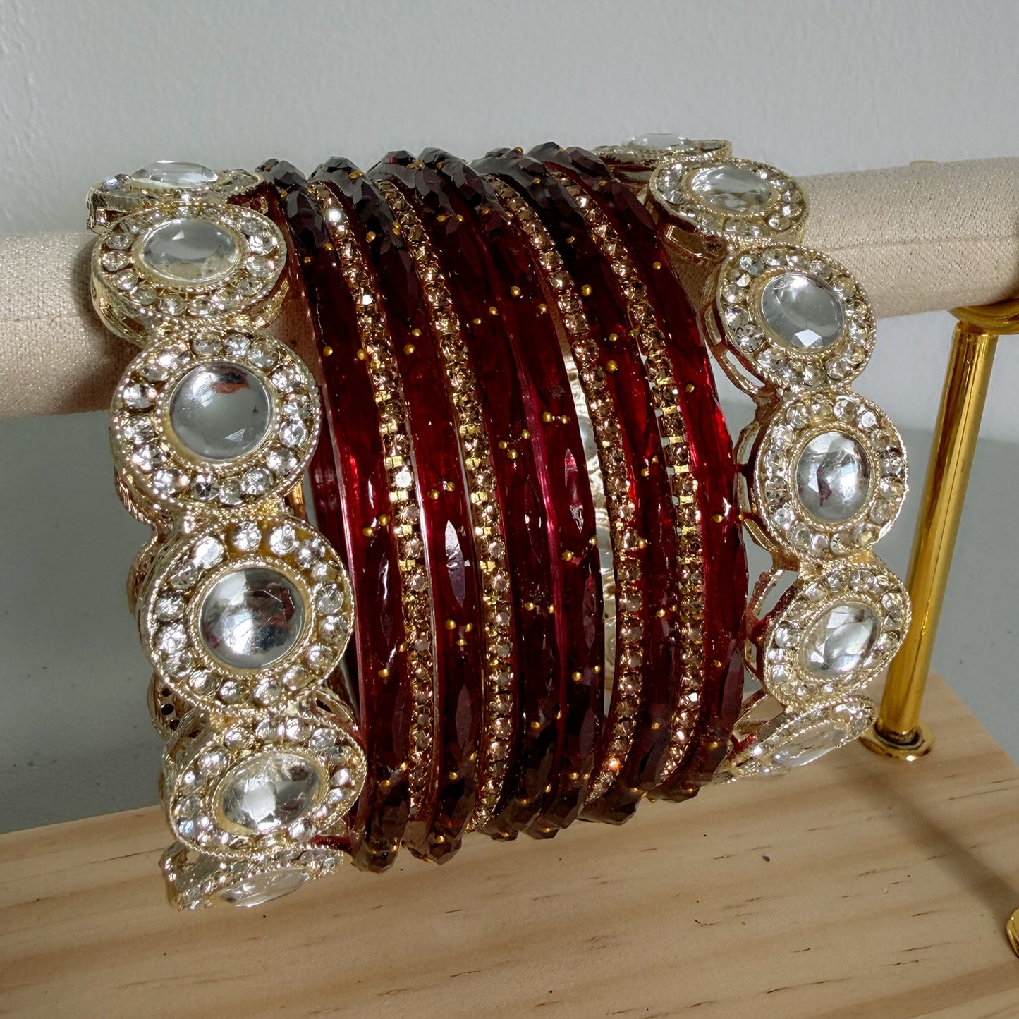 Gold Mirror Glass Bangles Set- Maroon