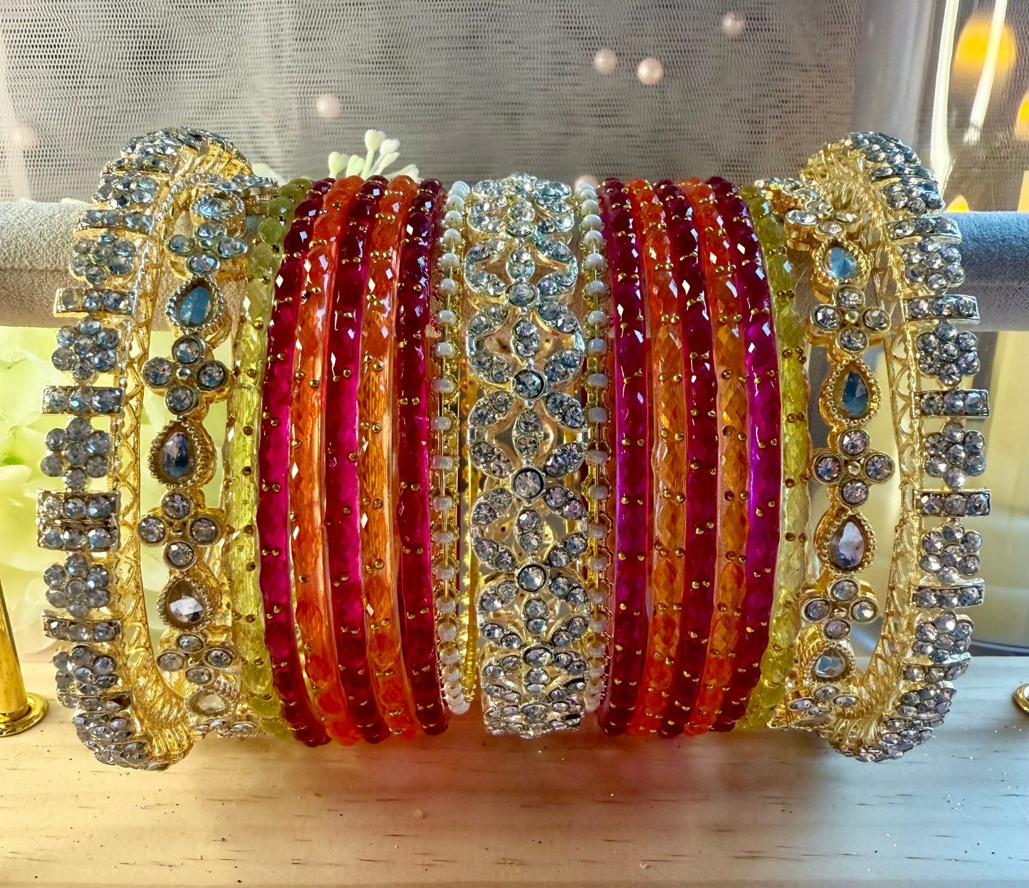 Gold Zirconia Glass Bangles Set- Pink/Orange