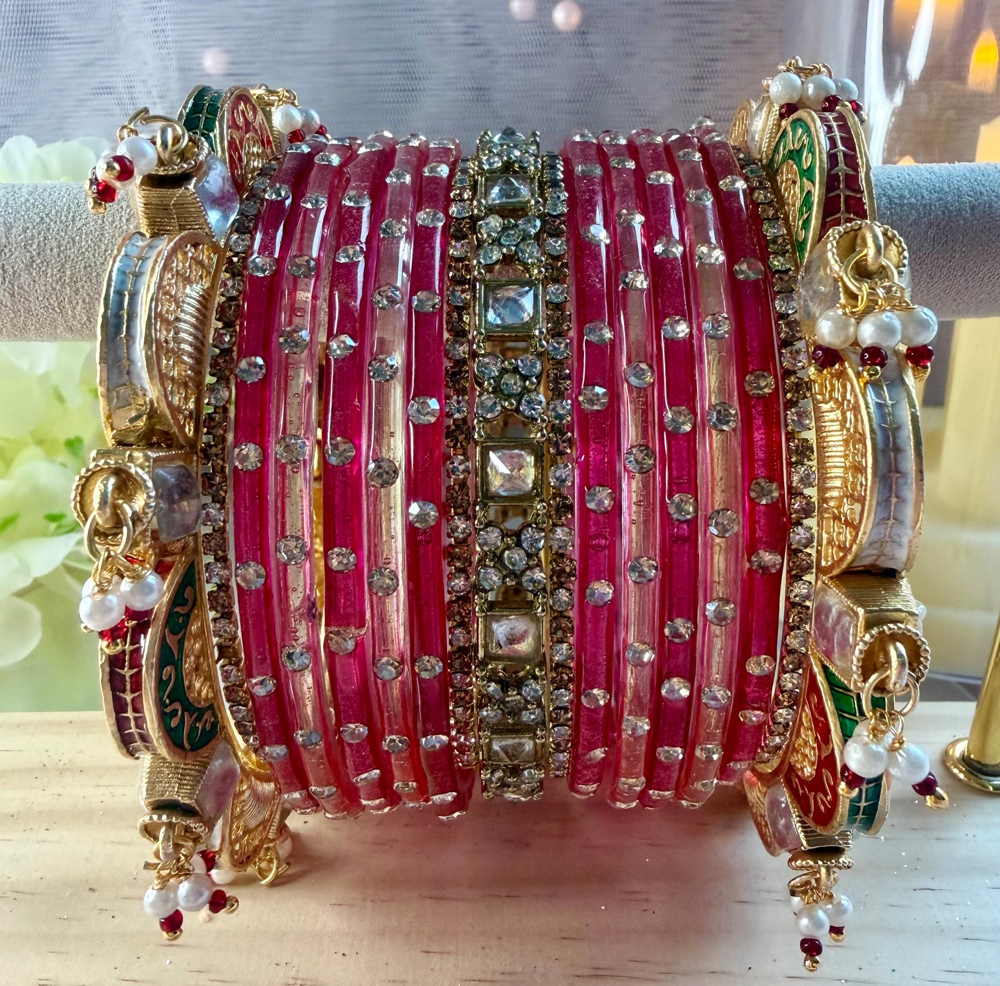 Jadau Kundan Glass Bangles Set- Pinks