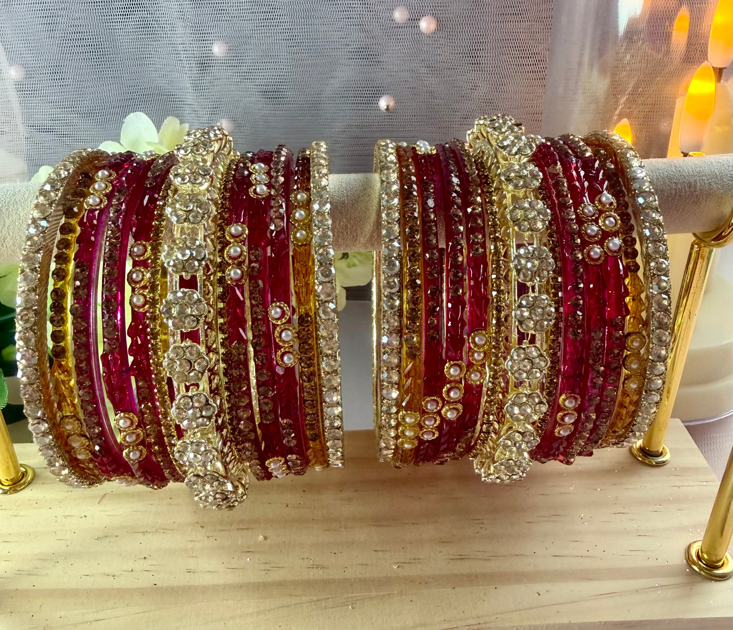 Gold Zirconia Glass Bangles Set- Hot Pink