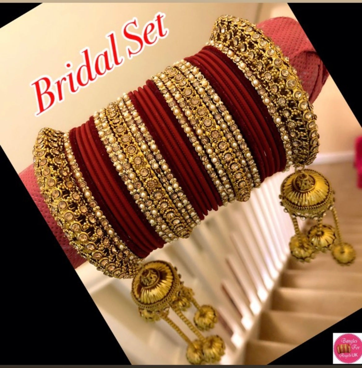 Gold Hanging Metal Bangles Set- Maroon