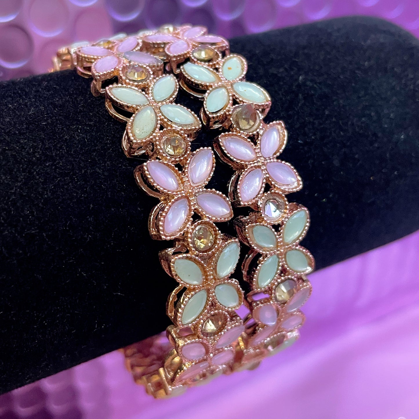 Kundan Flower Metal Karas- Light Pink/Mint Green