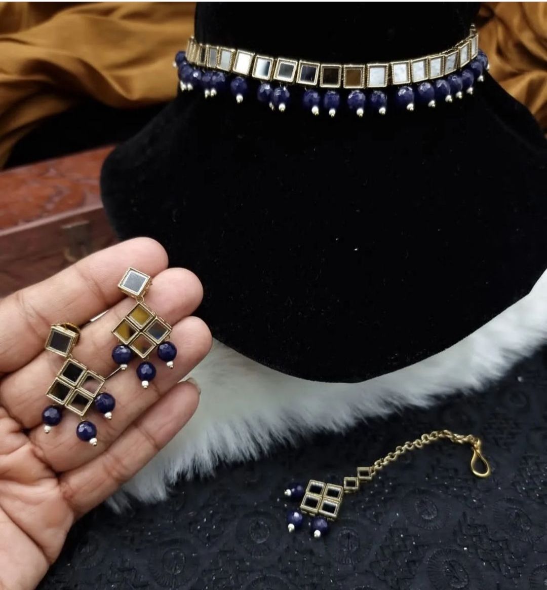 Mirror Pearl Choker, Earings & Maang Tikka Set- Various Colours