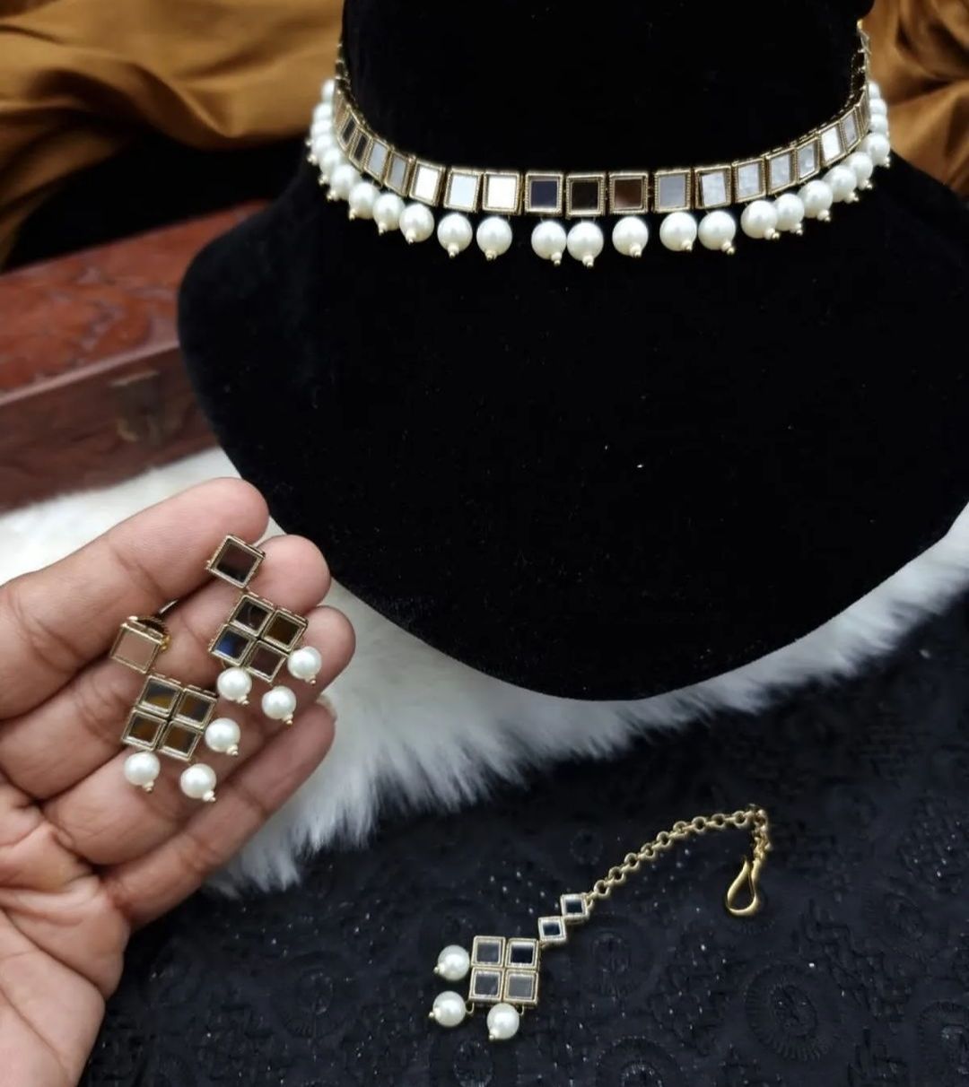 Mirror Pearl Choker, Earings & Maang Tikka Set- Various Colours