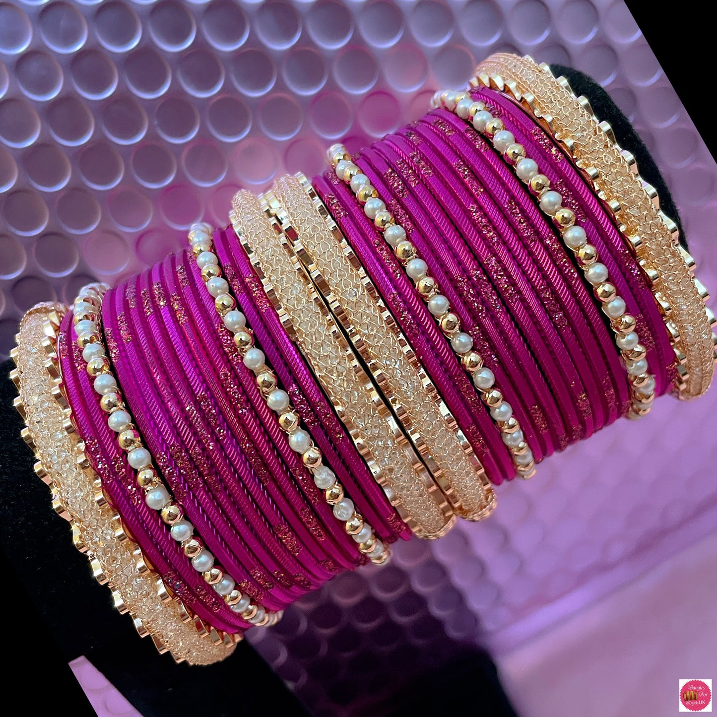 Gold Zirconia Pearl Metal Bangles Set- Various Colours