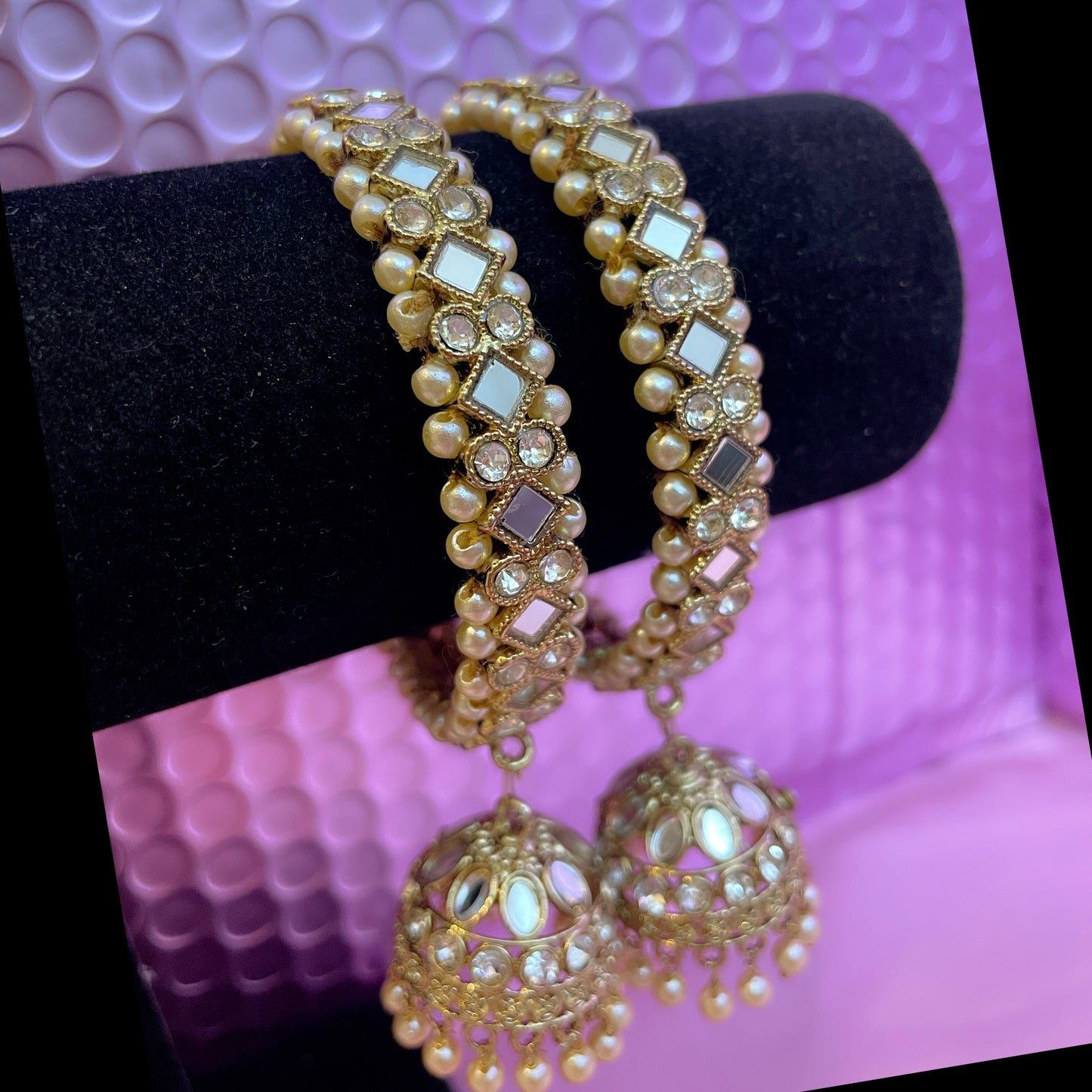 Kundan Pearl Gold Hanging Metal Karas- Size 2.8