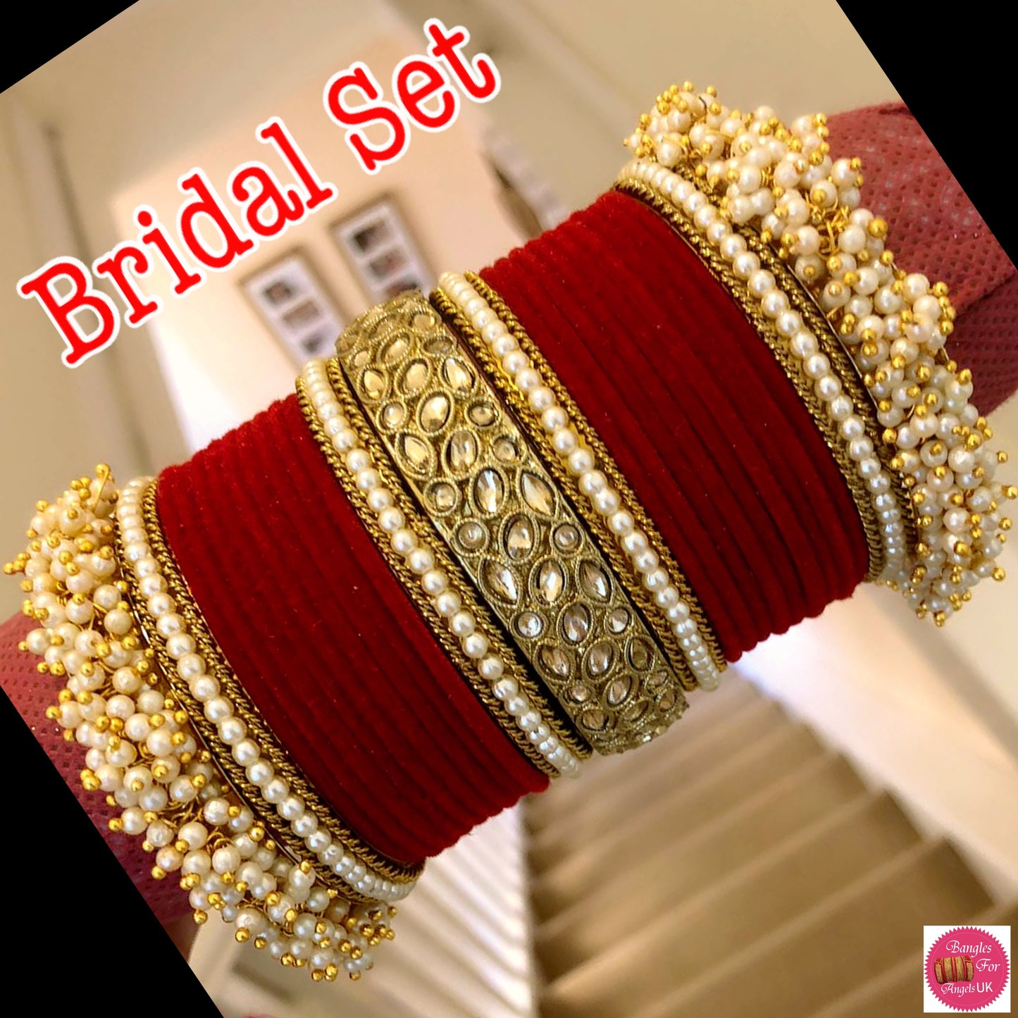 Kundan Pearl Velvet Metal bangle Set - Red