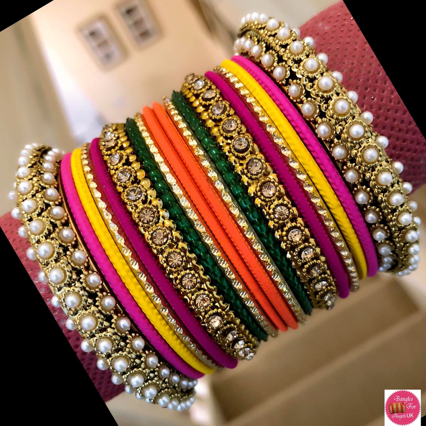 Multicoloured Pearl Metal Bangle Set