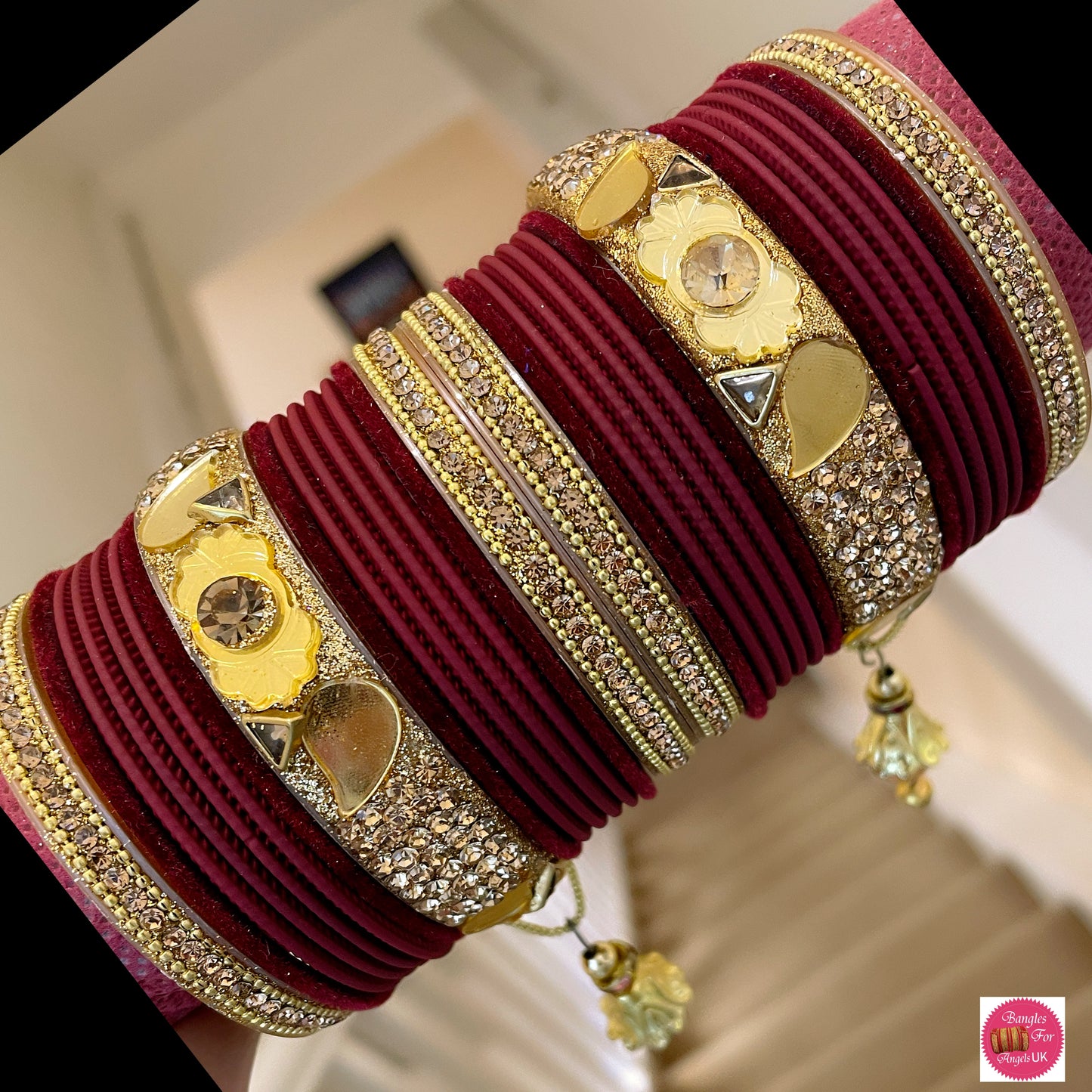 Gold Hanging Bangle Set - Maroon