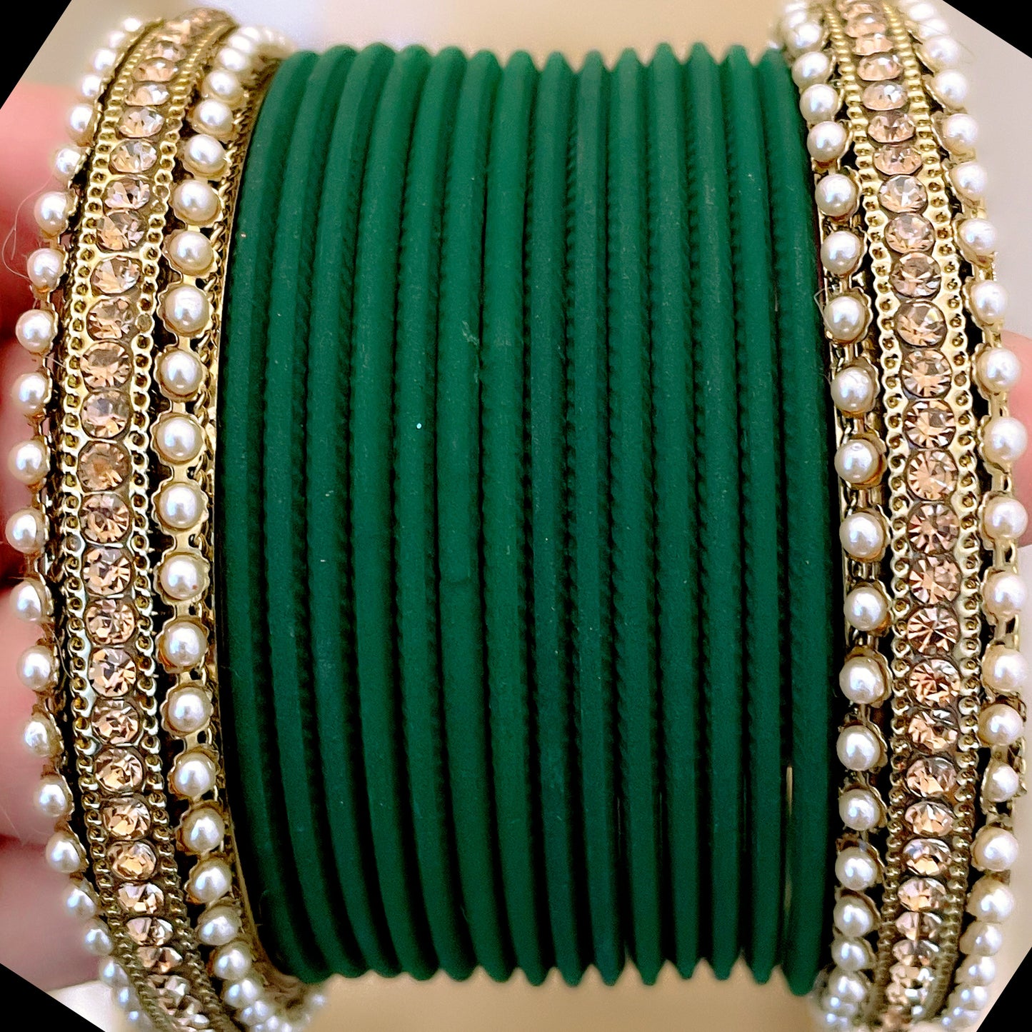 Pearl Metal Bangle Set - Green