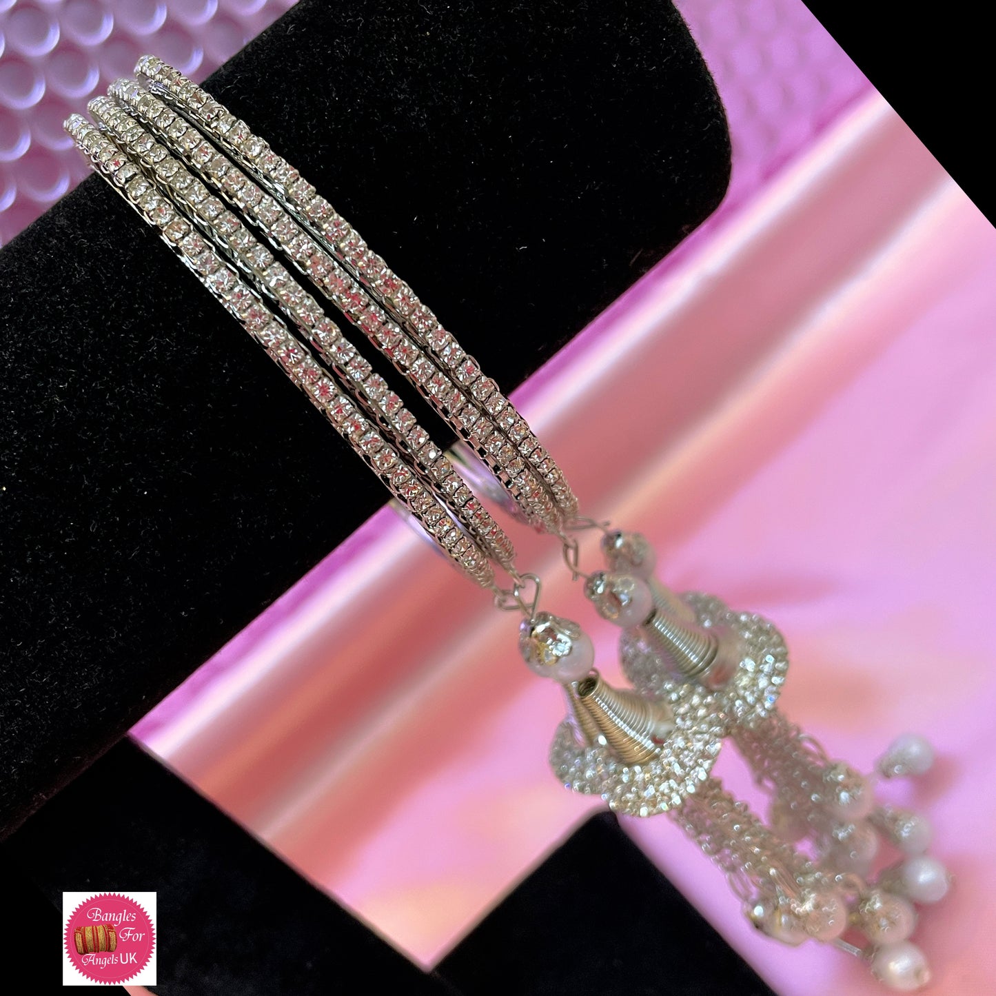 Silver Hanging Pearl Metal Bangles Set- Size 2.8/2.10