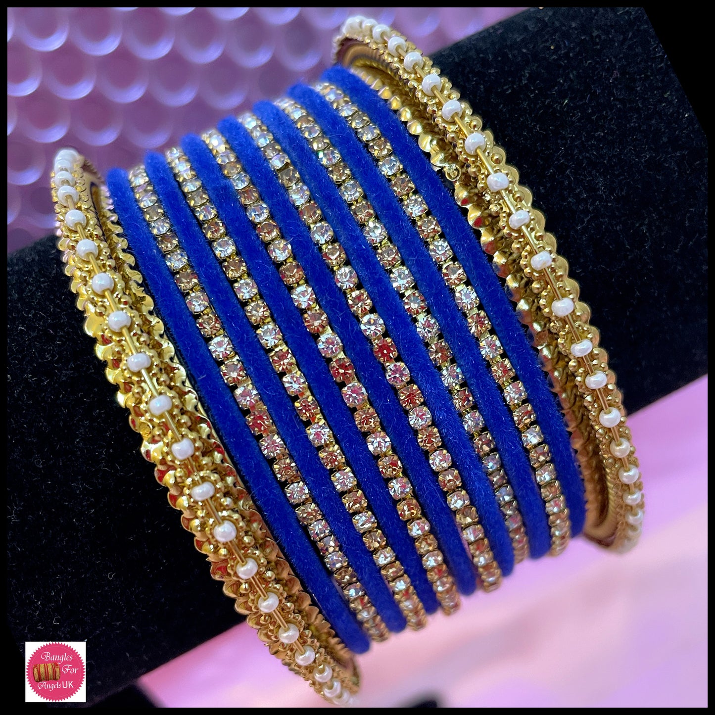 Blue Zirconia Velvet Metal Bangle Set