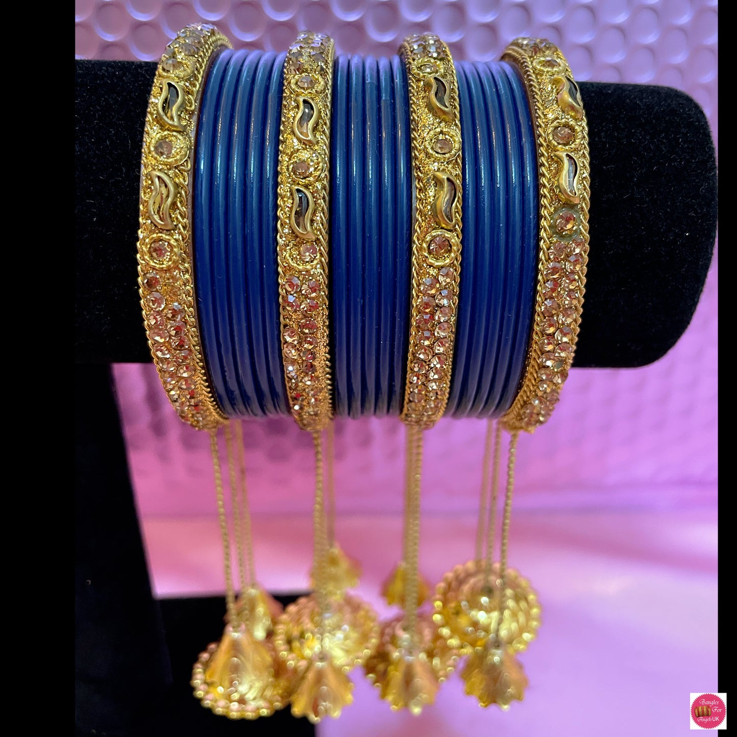 Gold Hanging Metal Bangle Set- Navy Blue