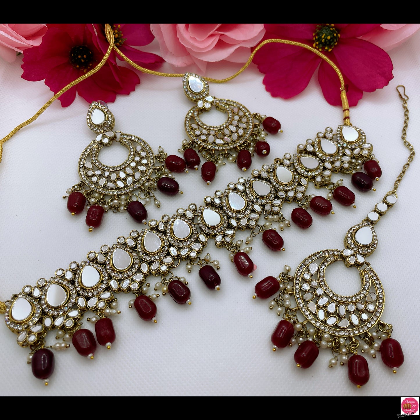 Gold Mirror Choker, Earings & Maang Tikka Set- Maroon