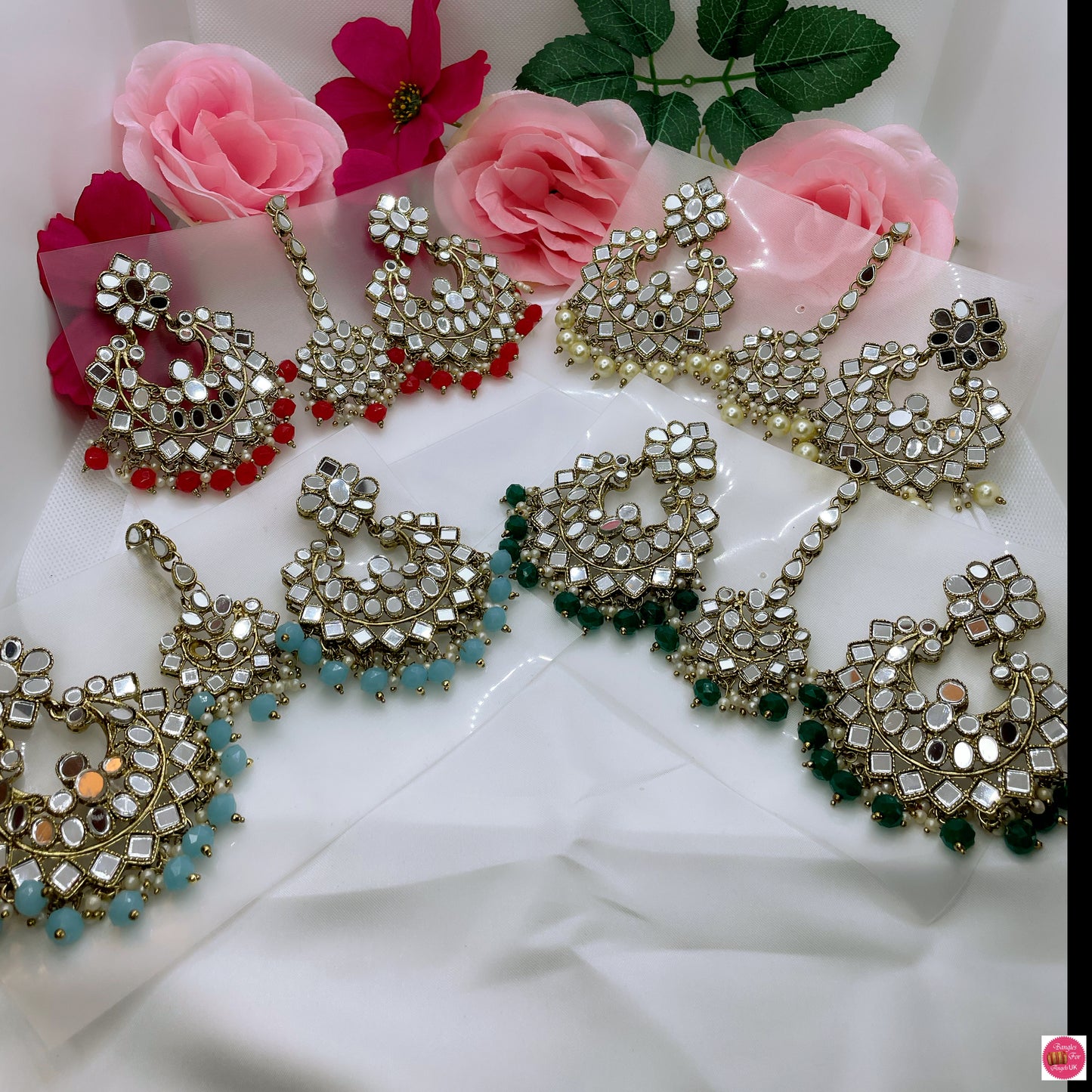 Mirror & Pearl Maang Tikka & Earings Set- White