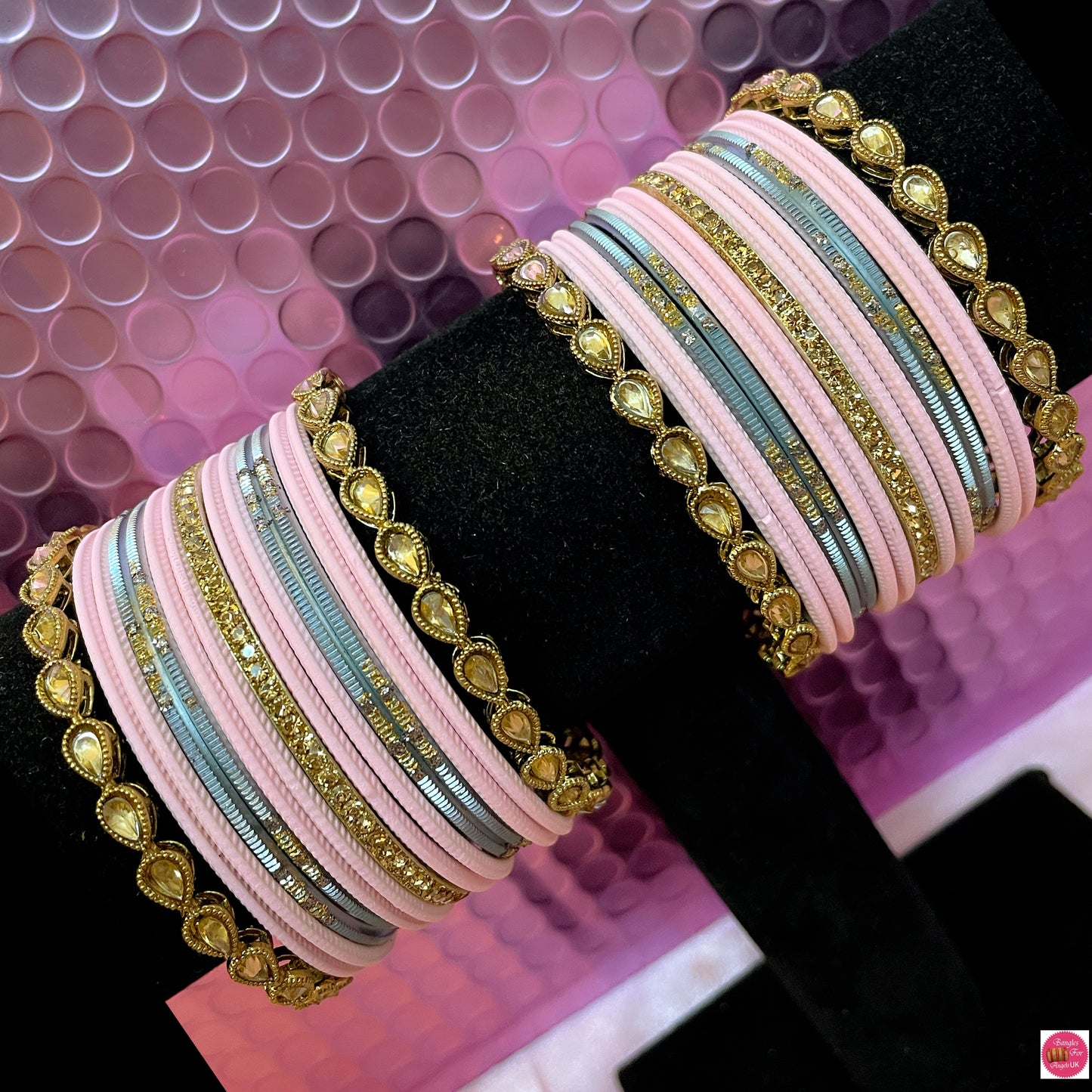 Kundan Metal Bangles Set- Pink & Grey