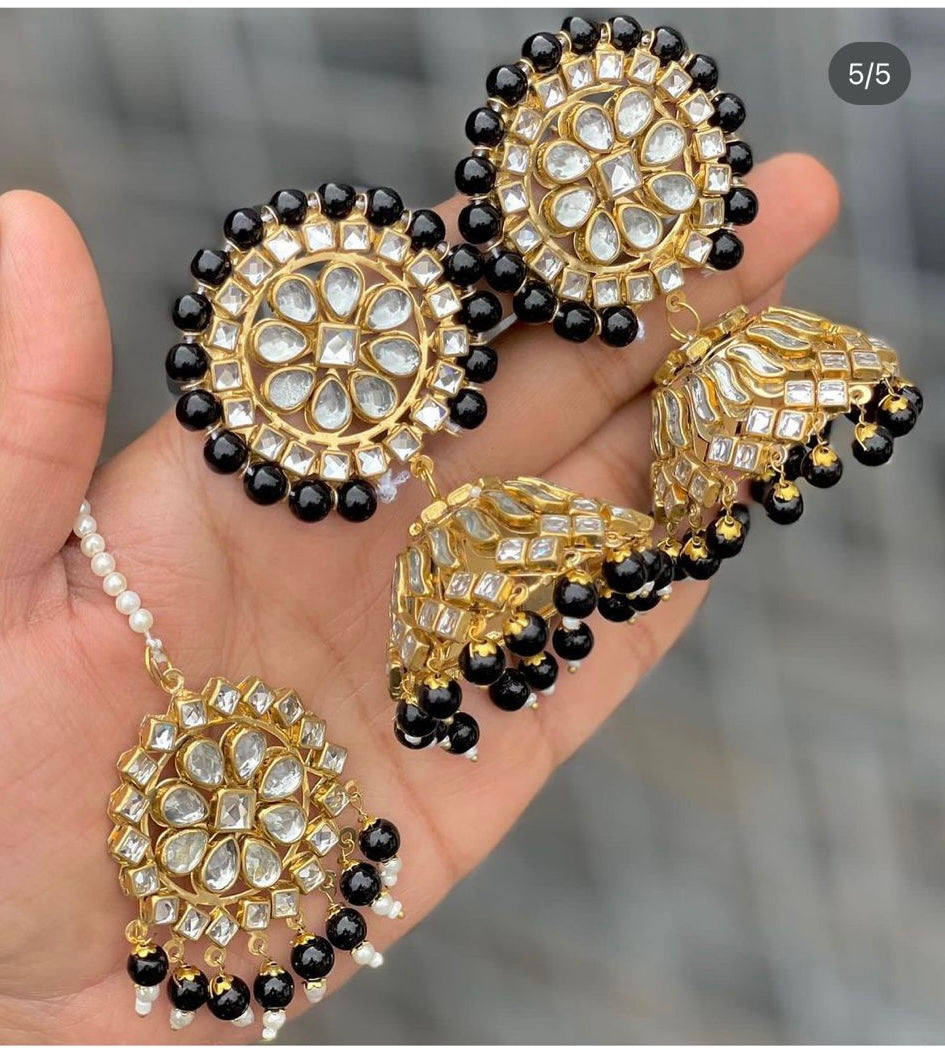 Kundan Maang Tikka Earings Set- Black – Bangles For Angels UK