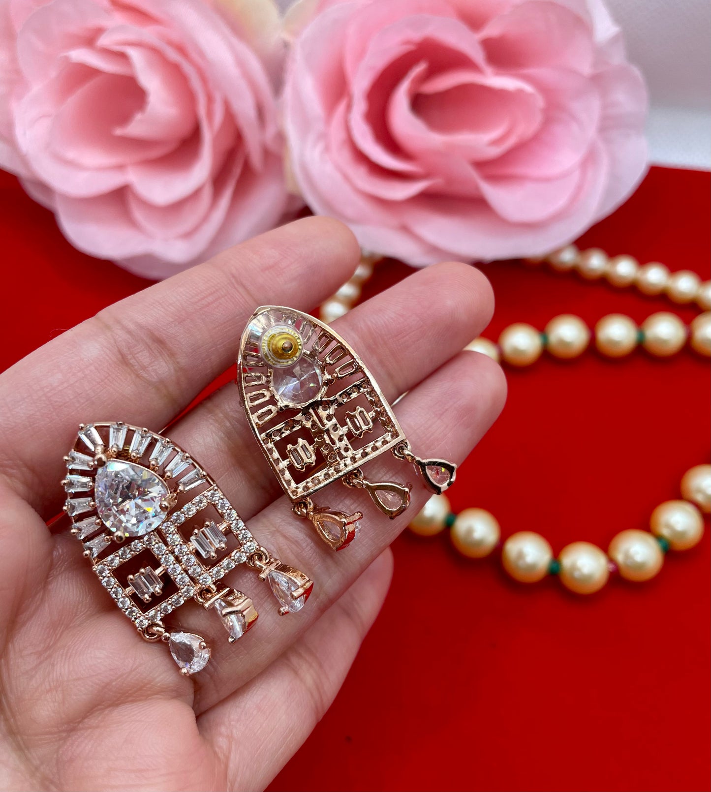 American Diamond Tassle Earings- White In Rose Gold
