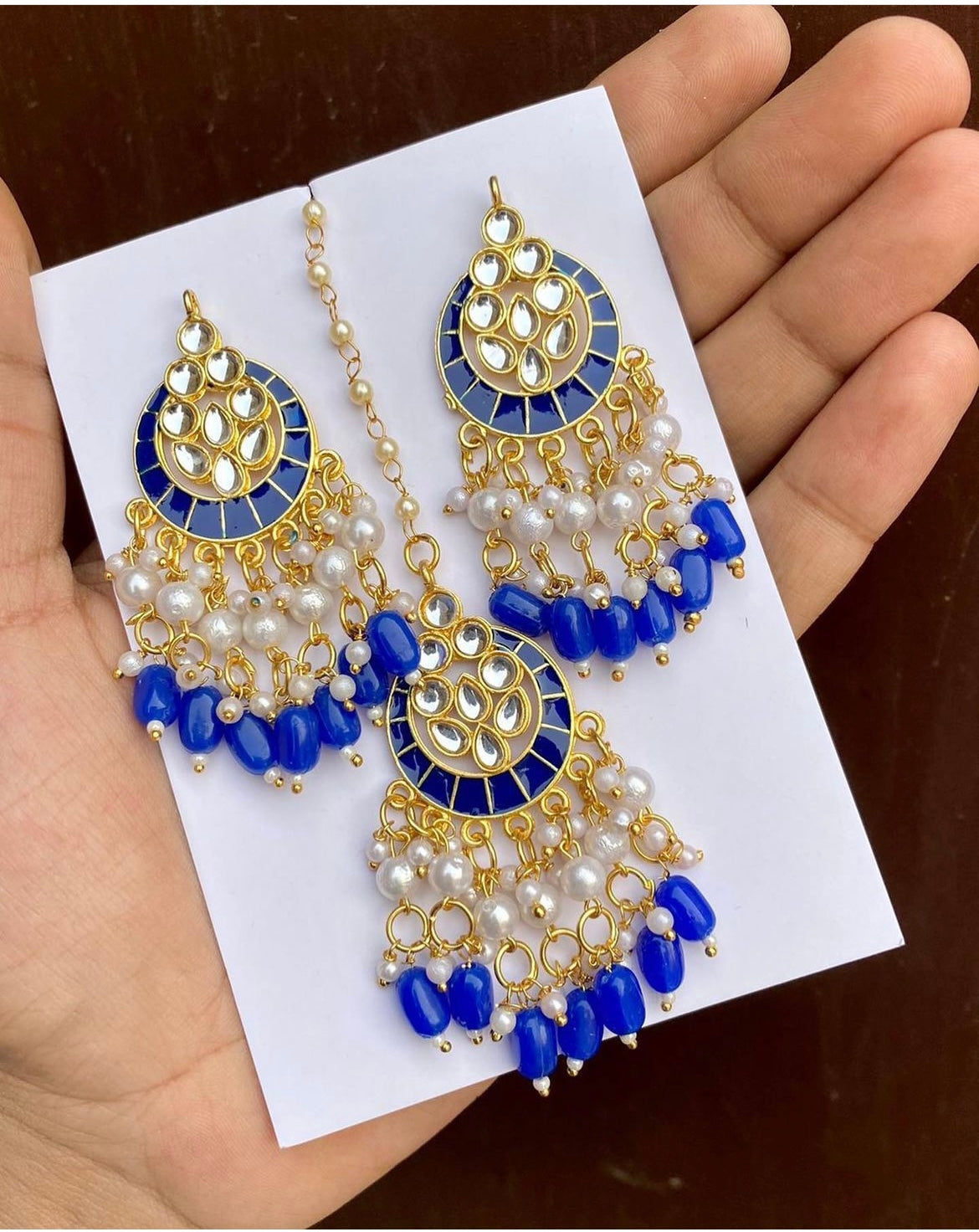 Kundan Pearl Maang Tikka & Earings Set- Blue