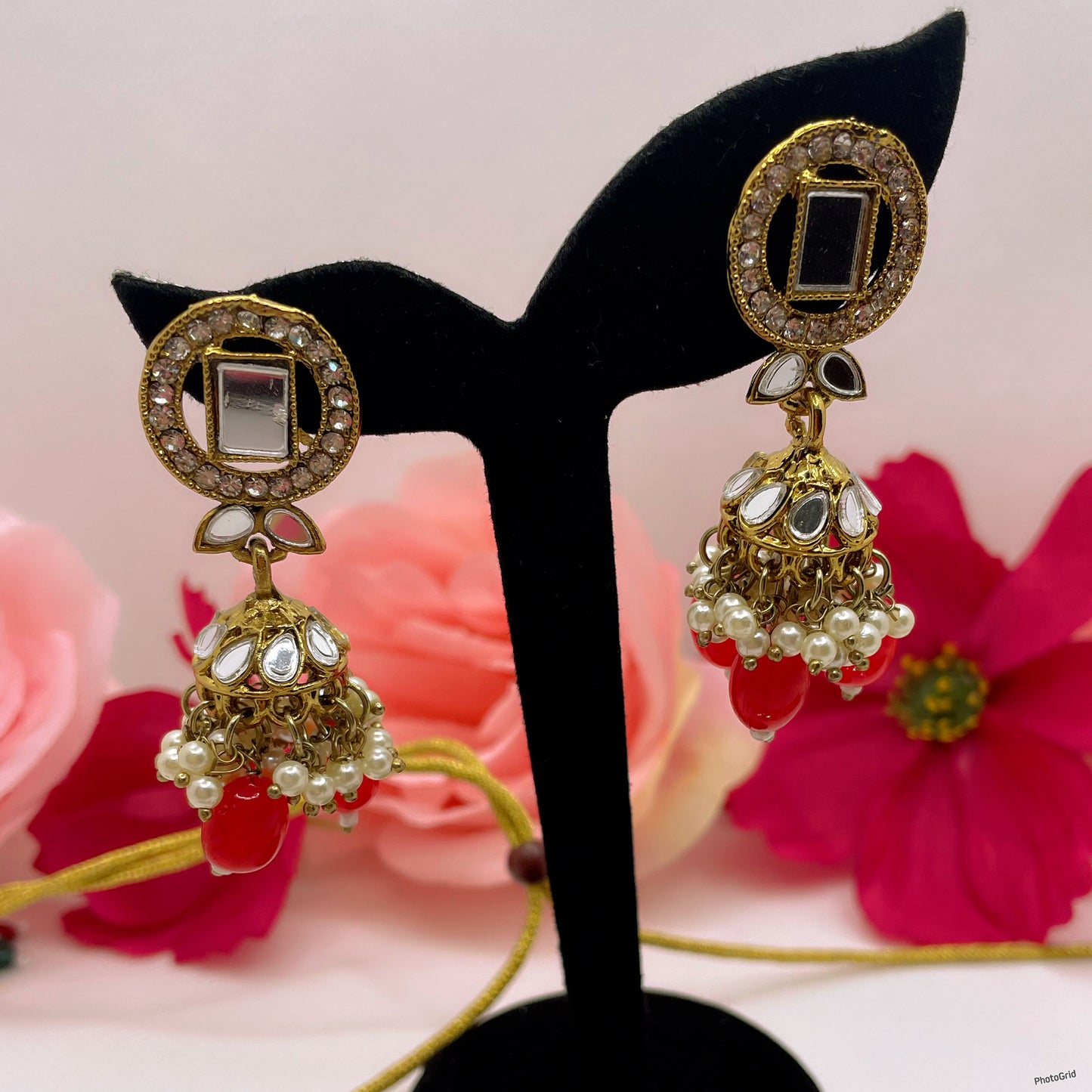 Mirror Pearl Choker Earings Set- Red