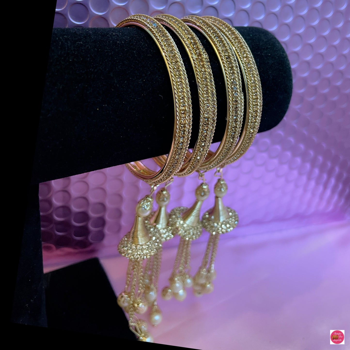 Gold Zirconia Hanging Pearl Metal Bangles Set