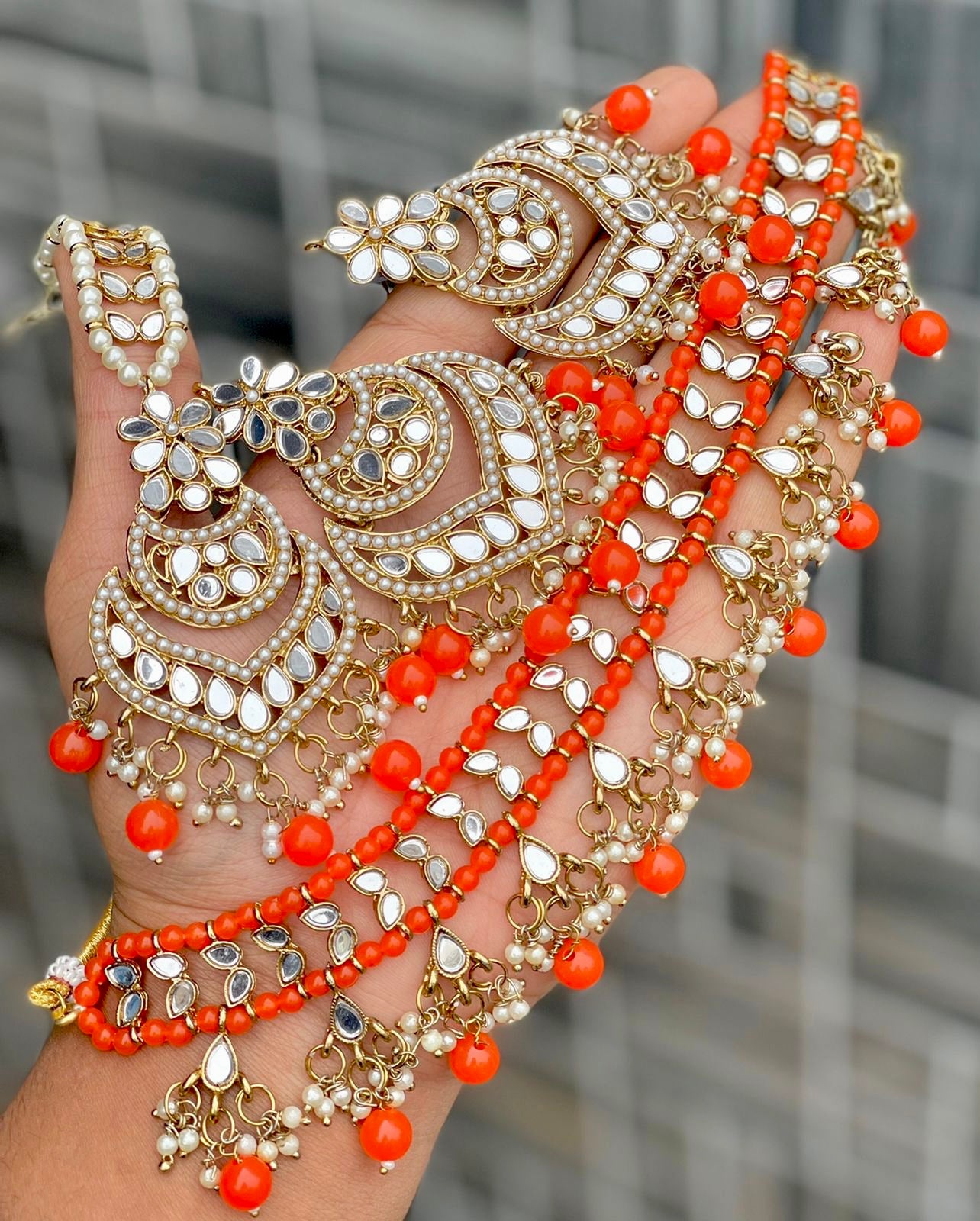 Orange & Gold Mirror Choker, Earings & Maang Tikka Set