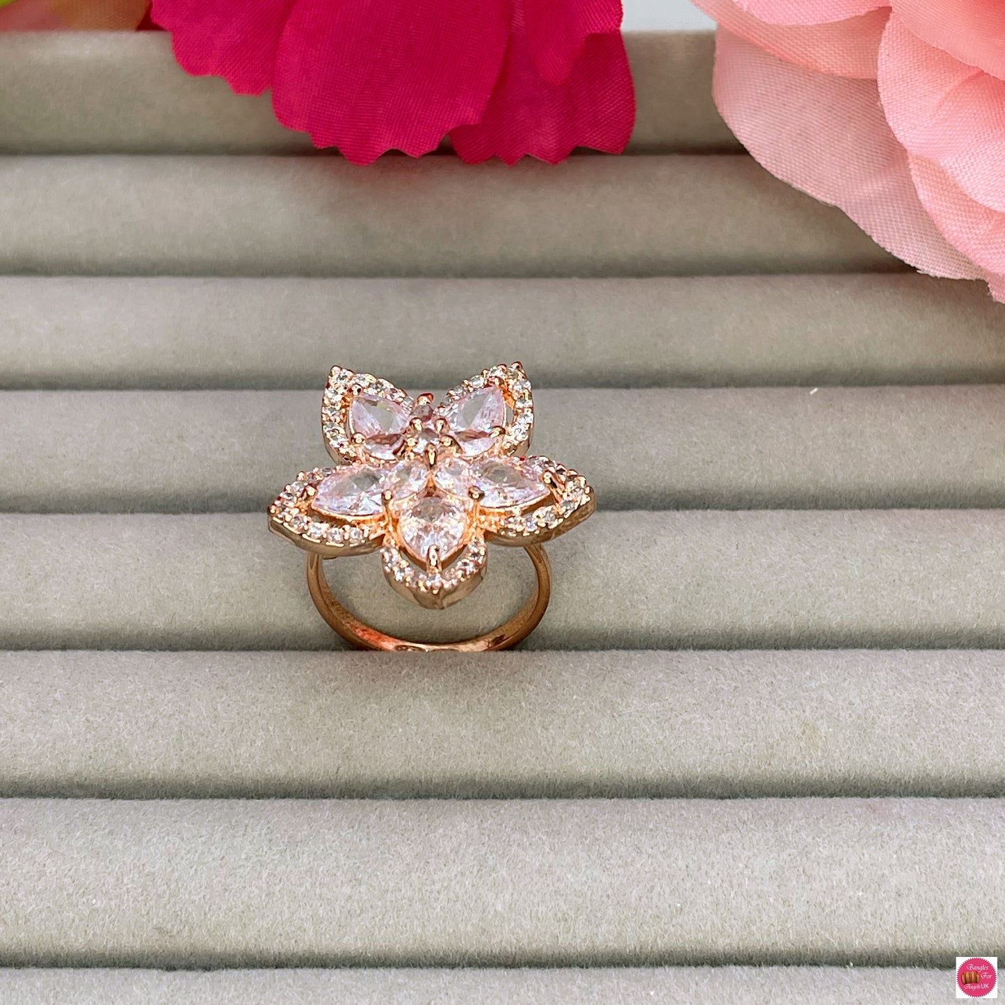 American Diamond Adjustable Flower Ring- White