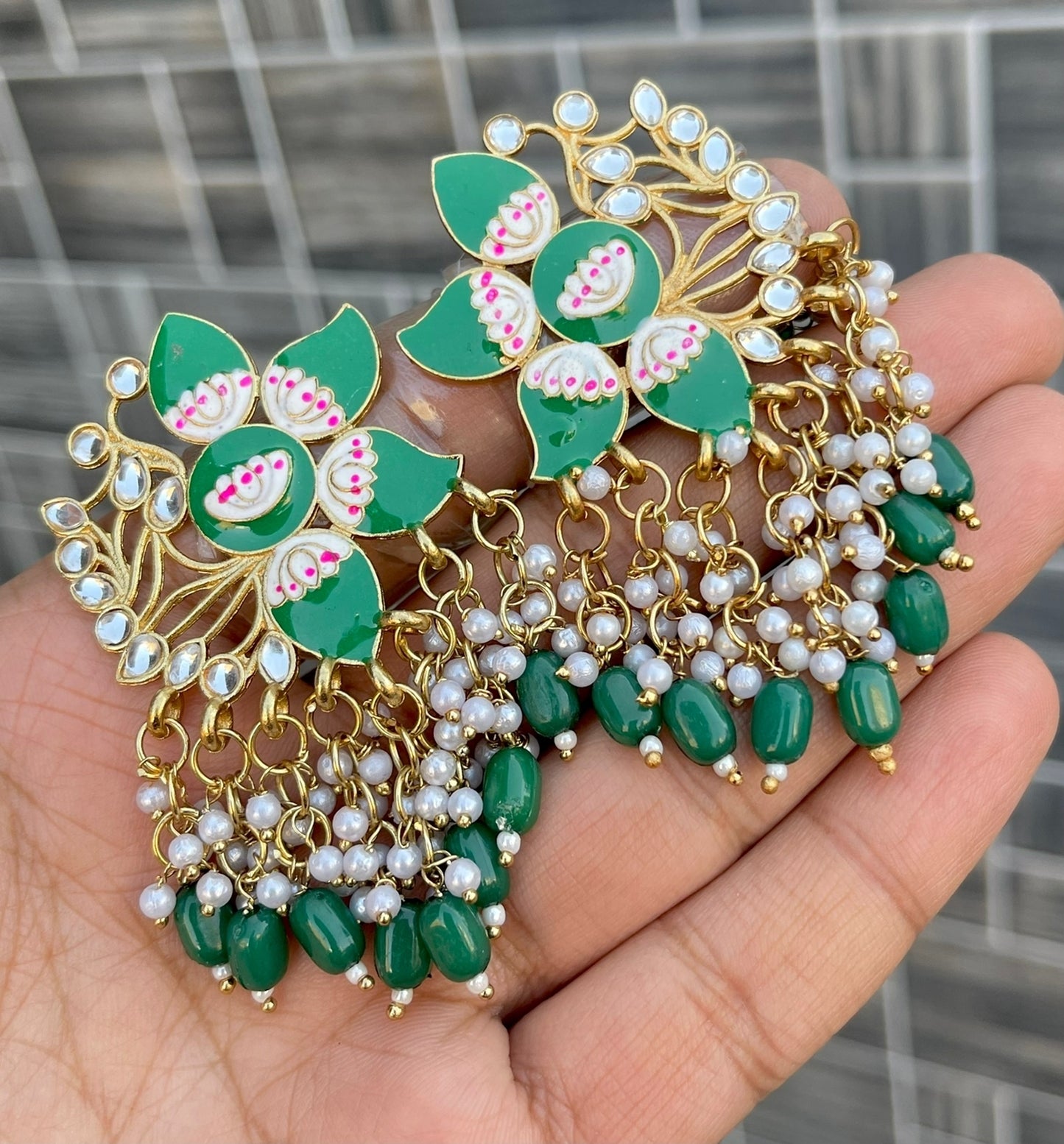 Pearl Kundan Flower Meenakari Earings- Green