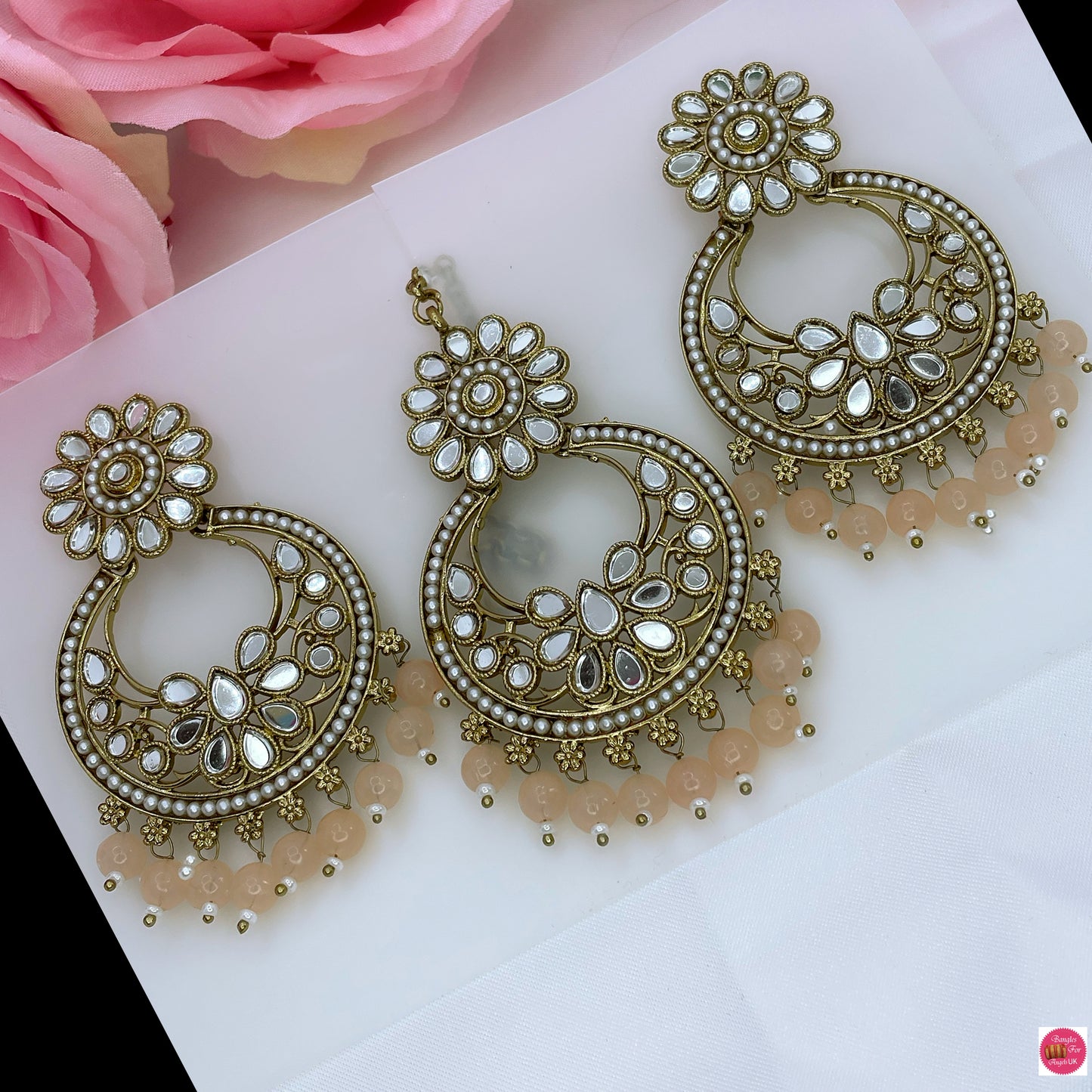 Kundan Maang Tikka & Earings Set- Peach