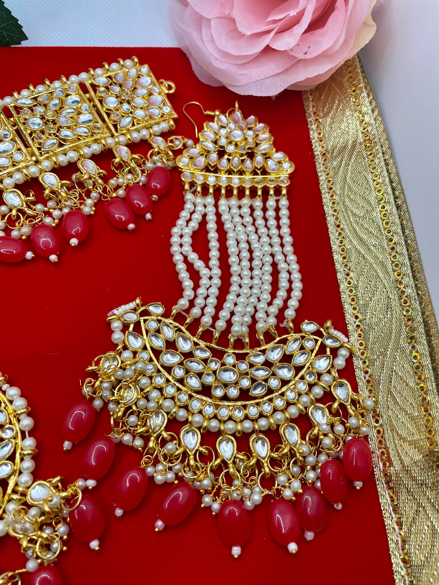 Kundan Gold Pearl Choker, Earings, Maang Tikka & Paasha Set- Ruby Red