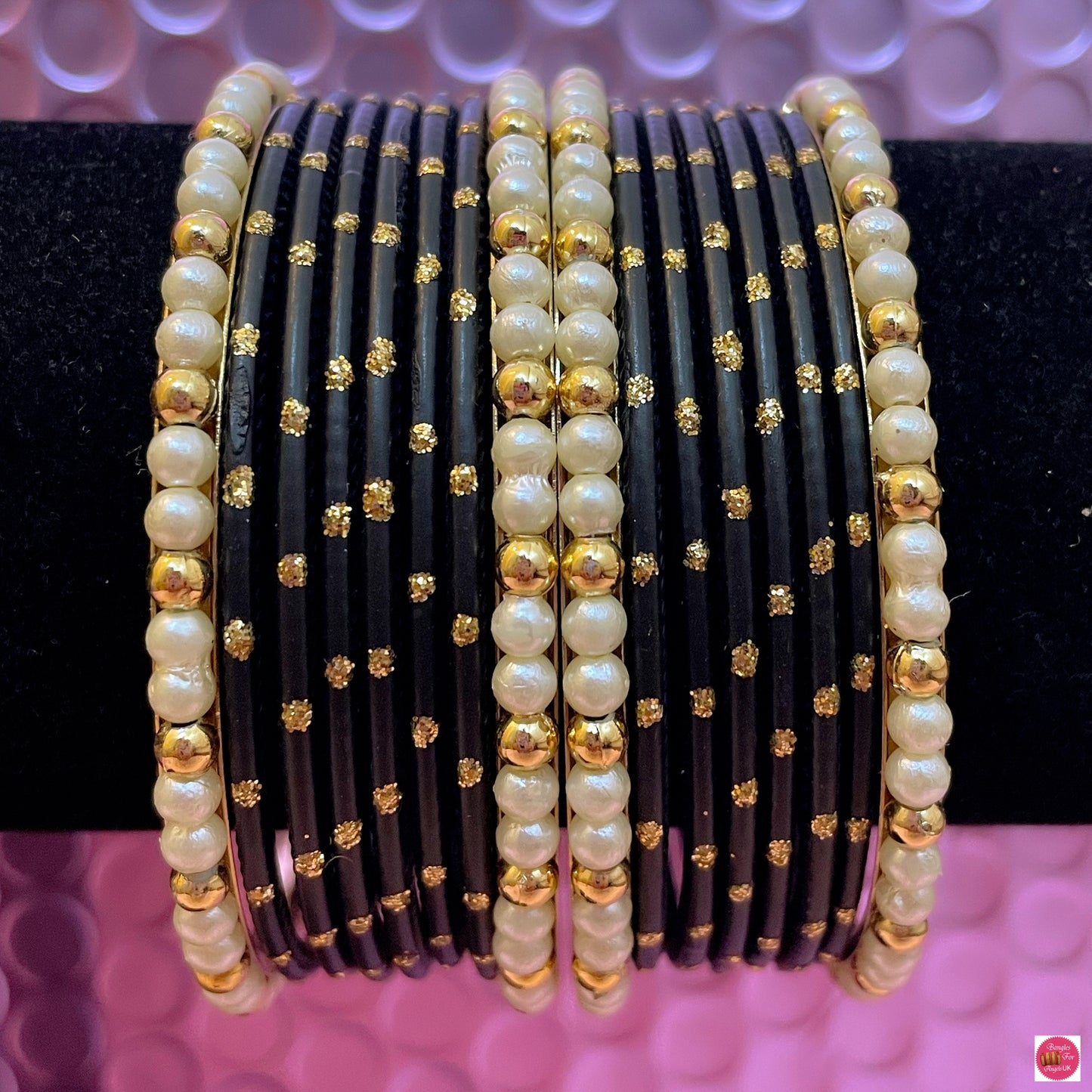 Pearl Metal Bangles Set- Black