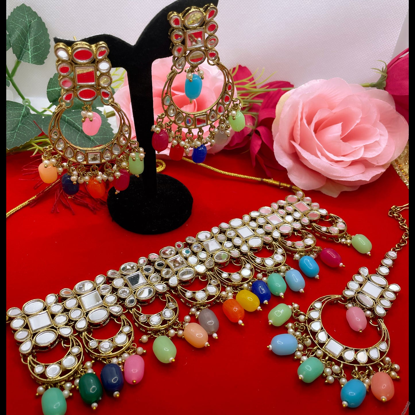 Mirror Pearl Work Earings & Maang Tikka Set- Multicoloured