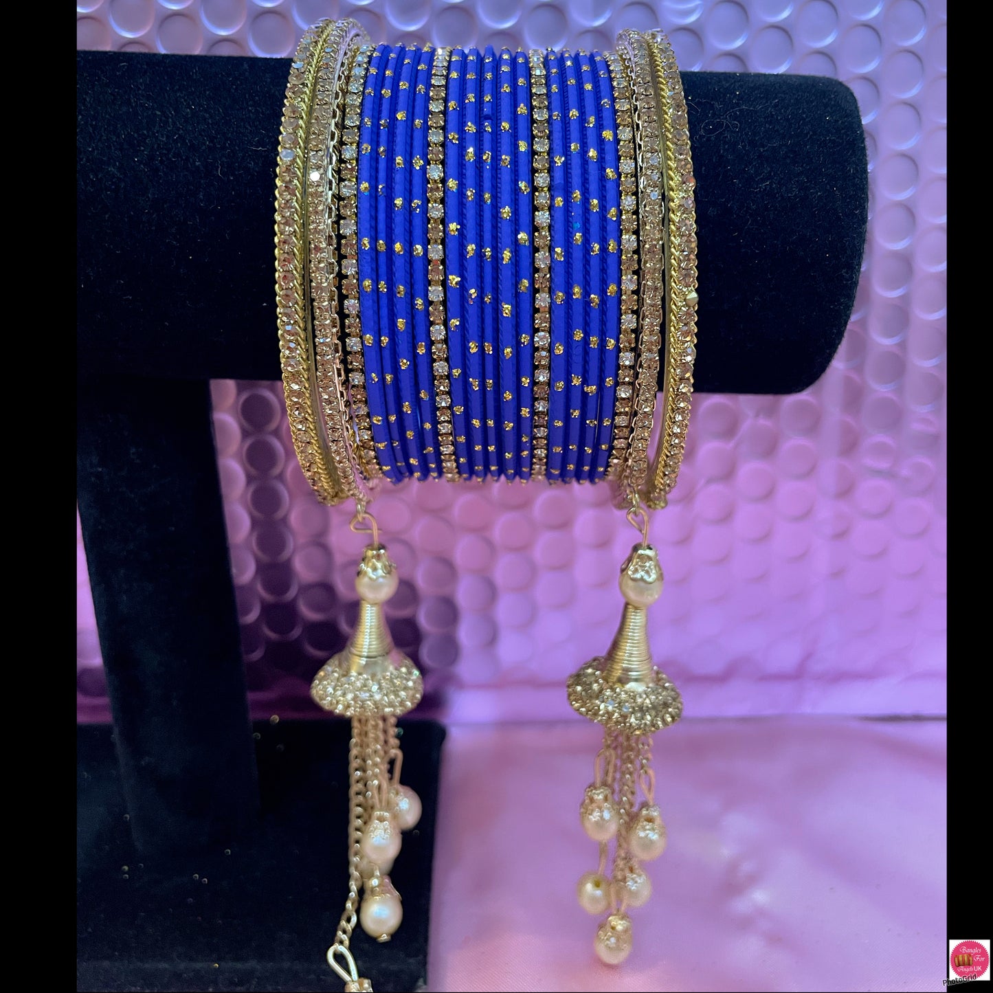 Zirconia Pearl Gold Hanging Bangles Set- Blue