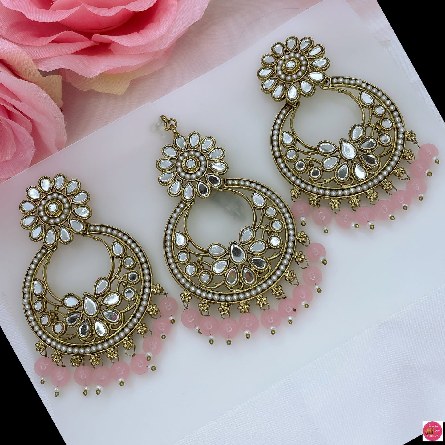 Kundan Maang Tikka & Earings Set-Light Pink