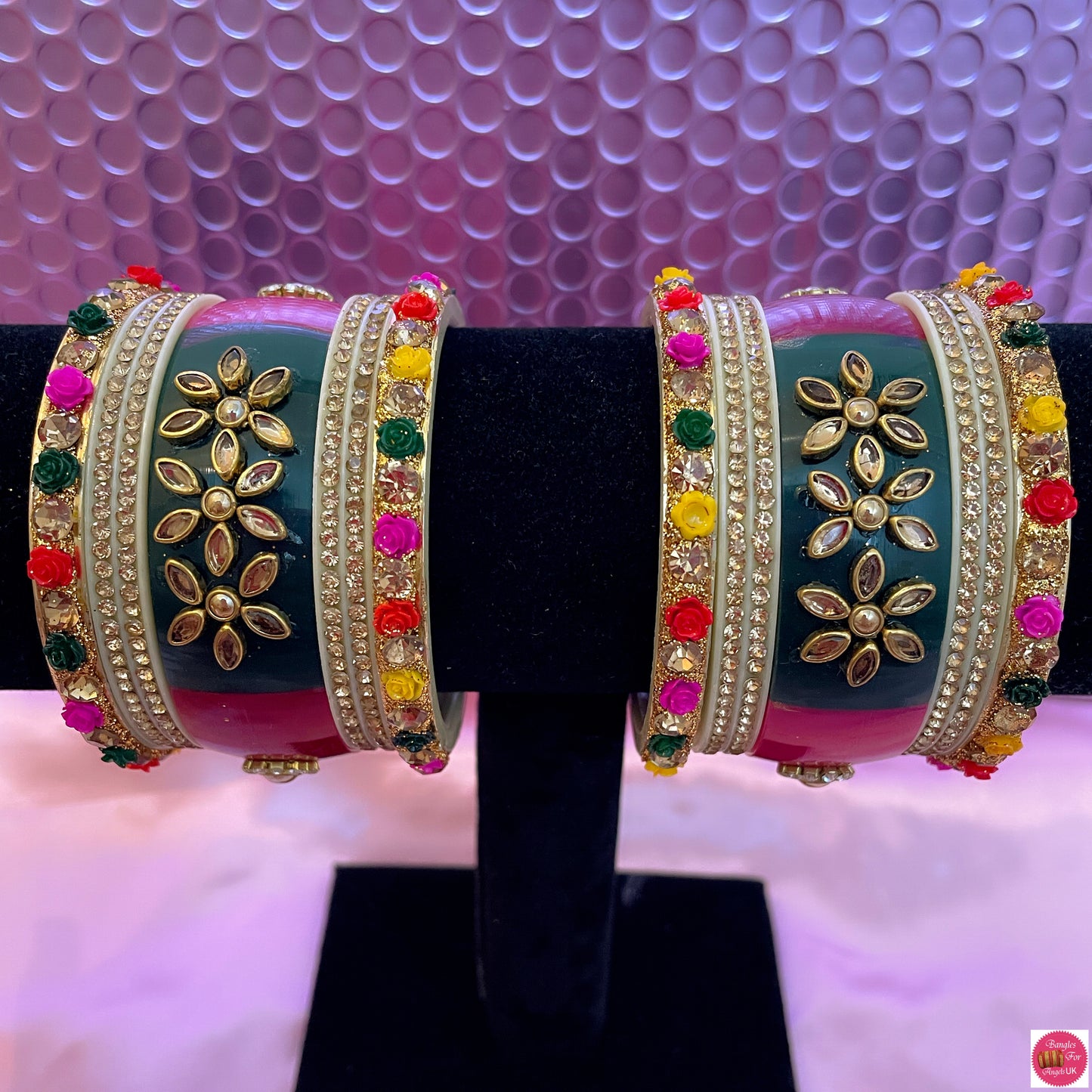 Multicoloured Kundan Flower Chura/Bangle Set- Size 2.4/2.6