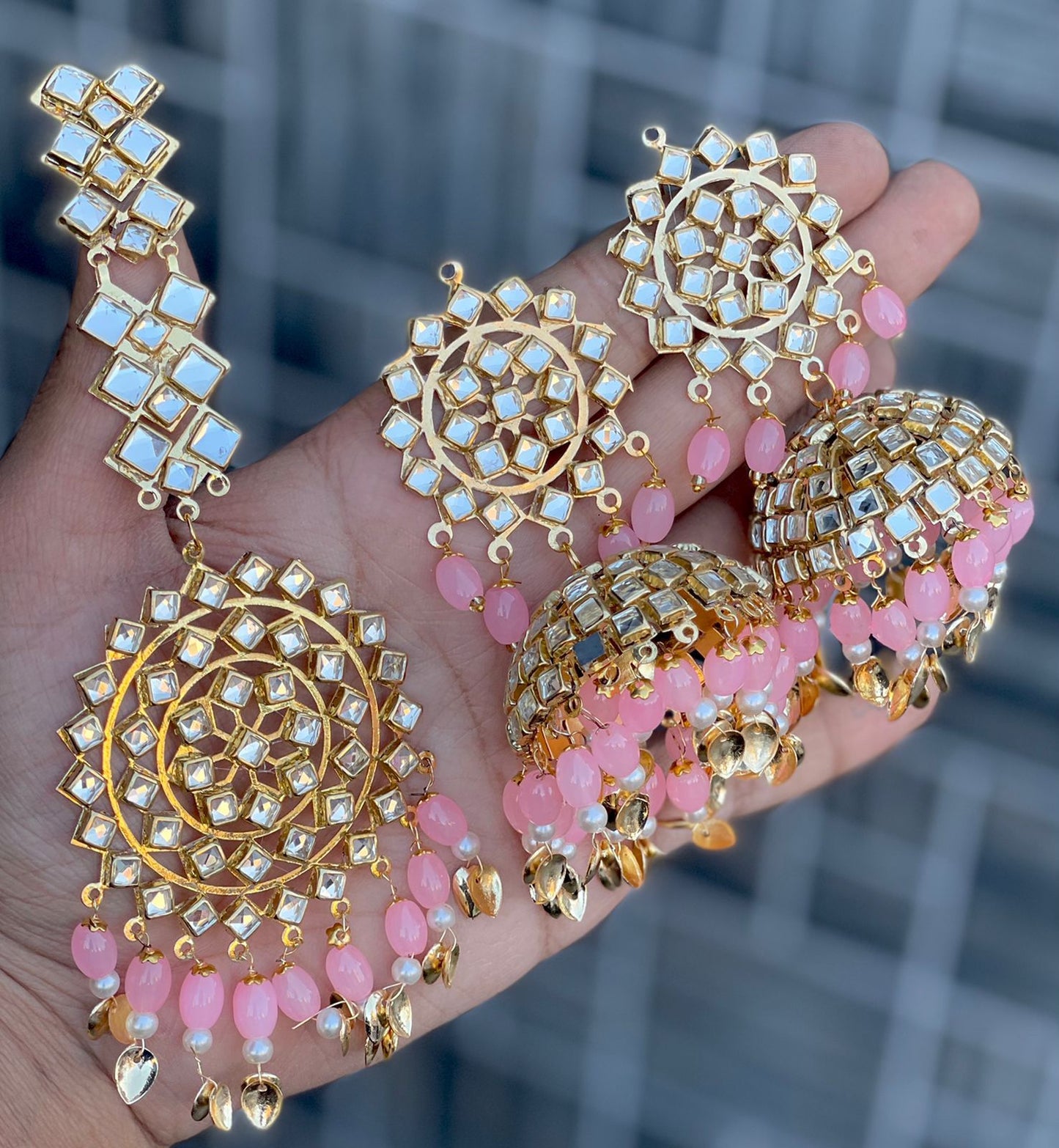 Kundan Earings & Maang Tikka Combo Set- Light Pink