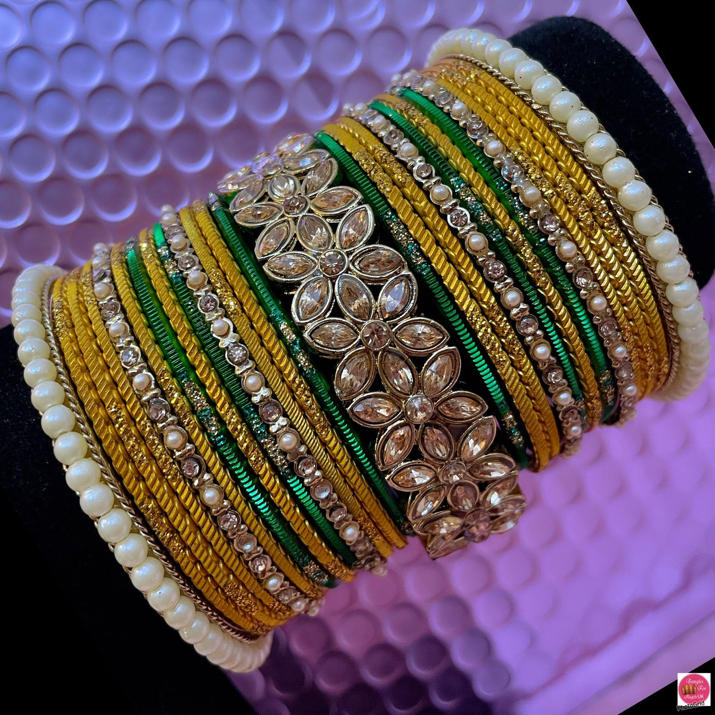 Kundan Pearl Metal Bangles Set- Mustard Yellow/Green