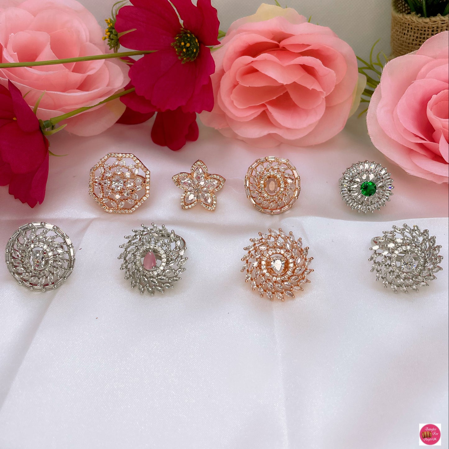 American Diamond Adjustable Flower Ring- White