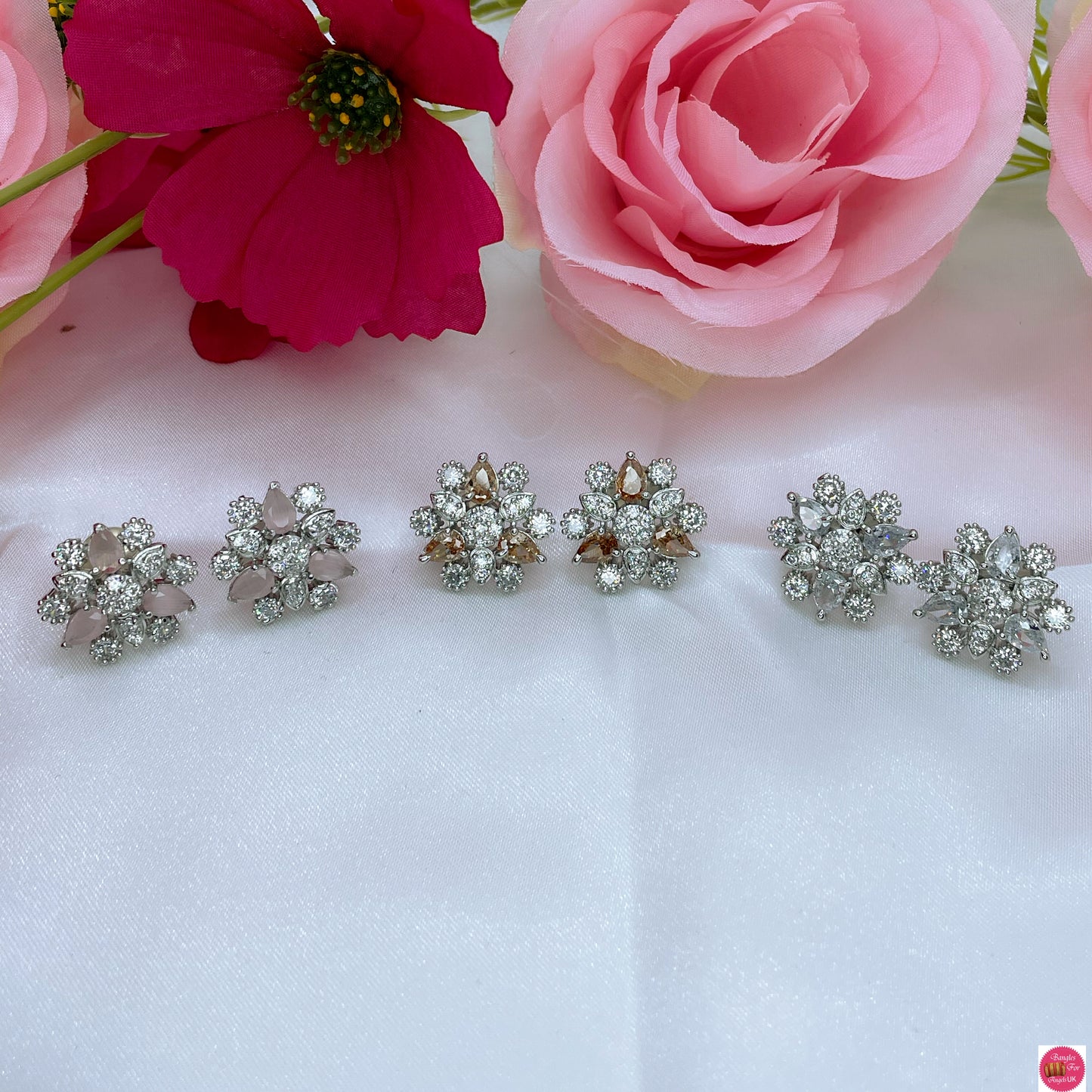 Flower American Diamond Stud Earings- Yellow