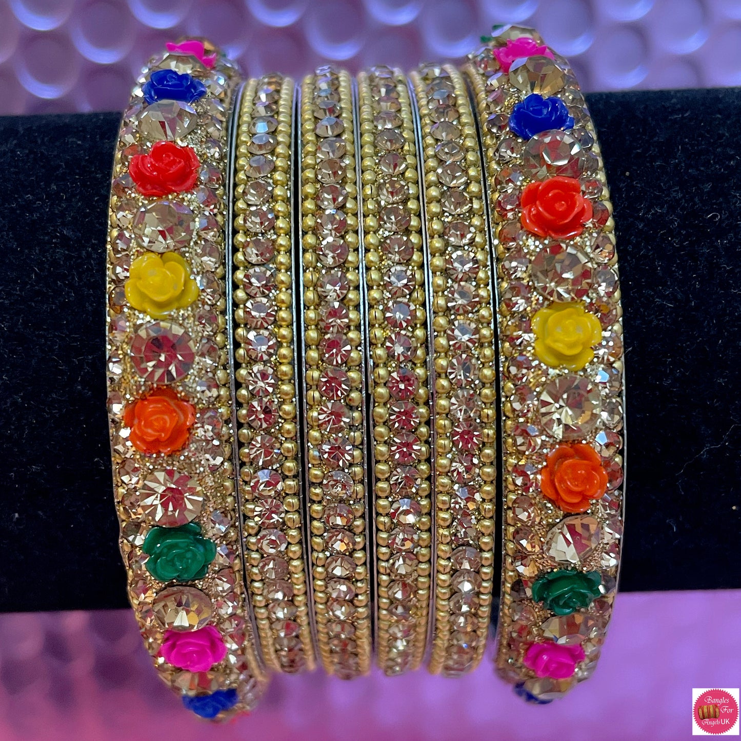 Multicoloured Flower Metal Bangle Set - Size 2.4