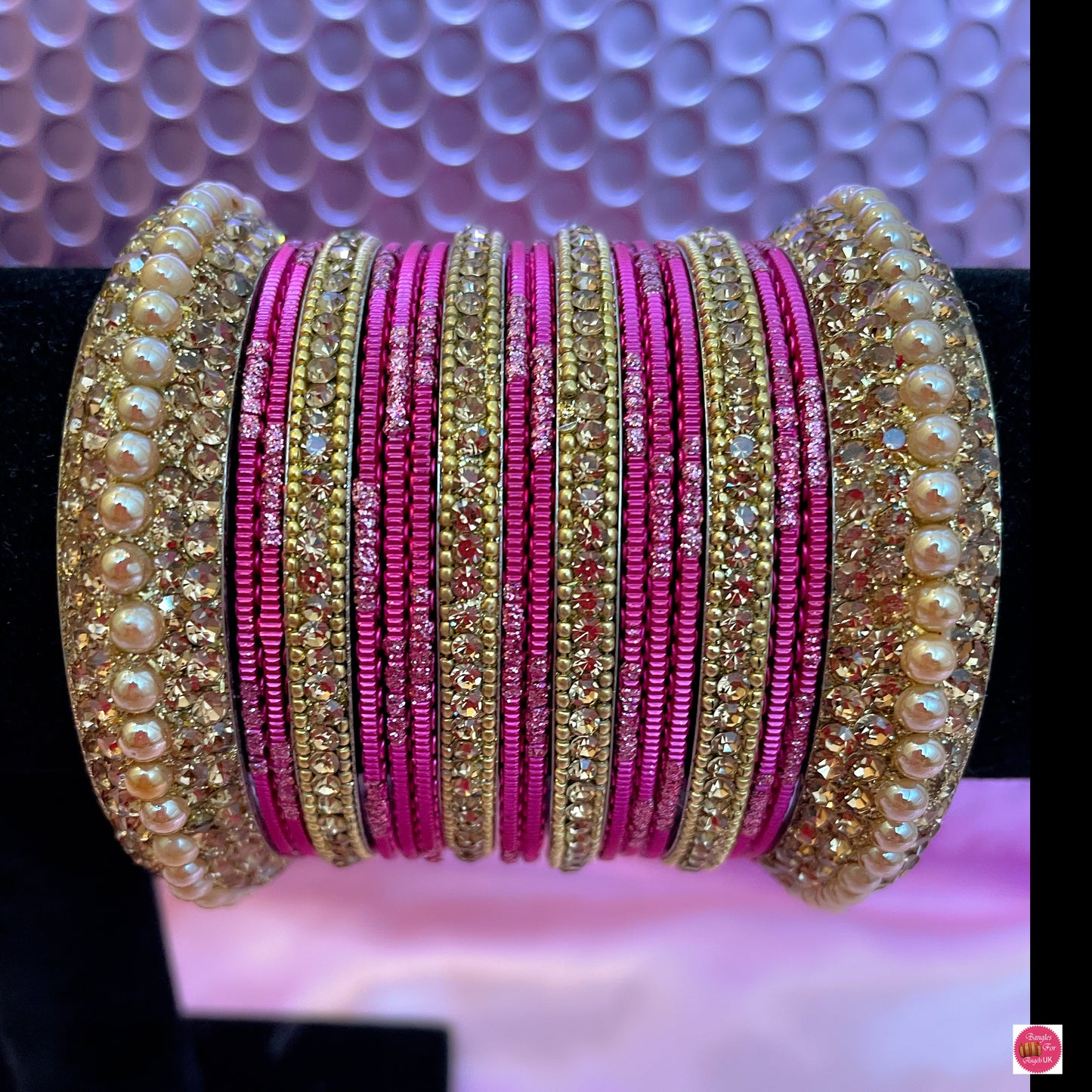Gold Metal Bangle Set- Pink