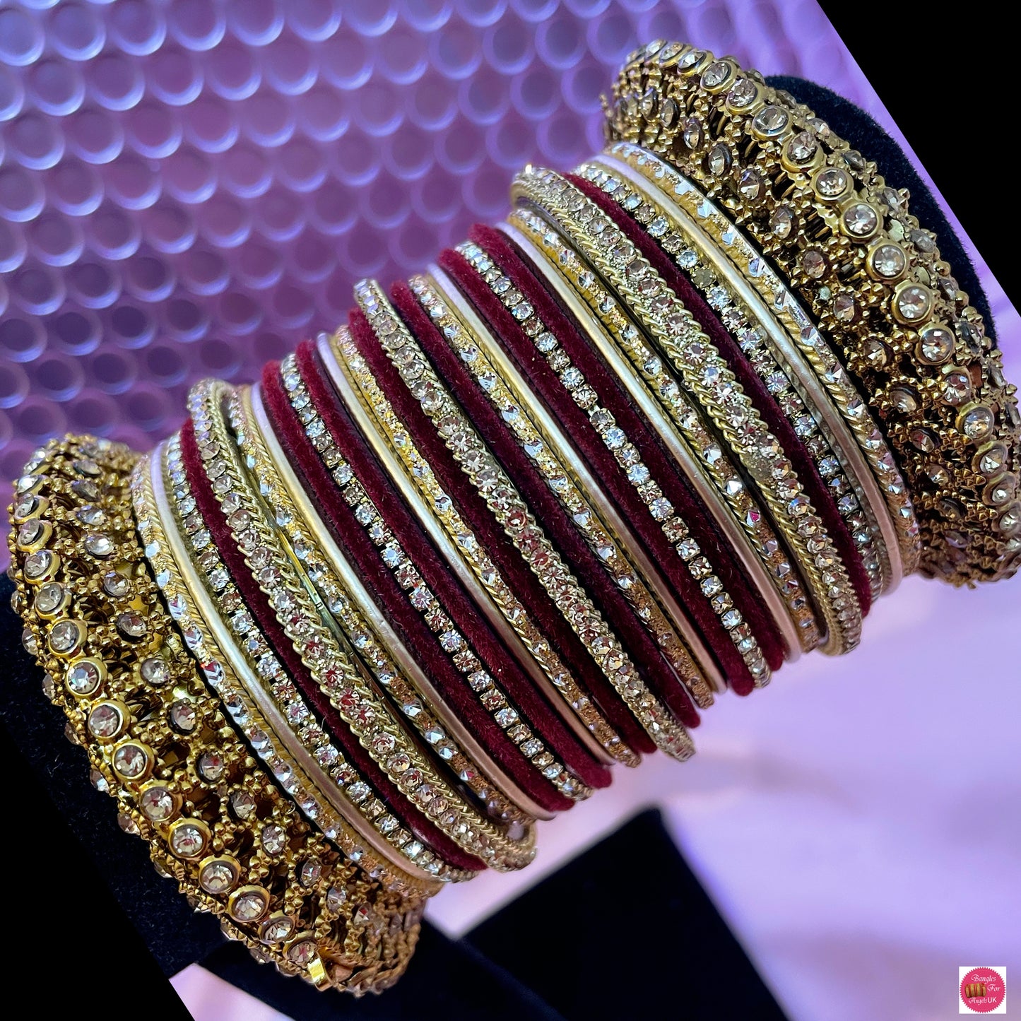 Gold/Maroon Zirconia Bangle Set