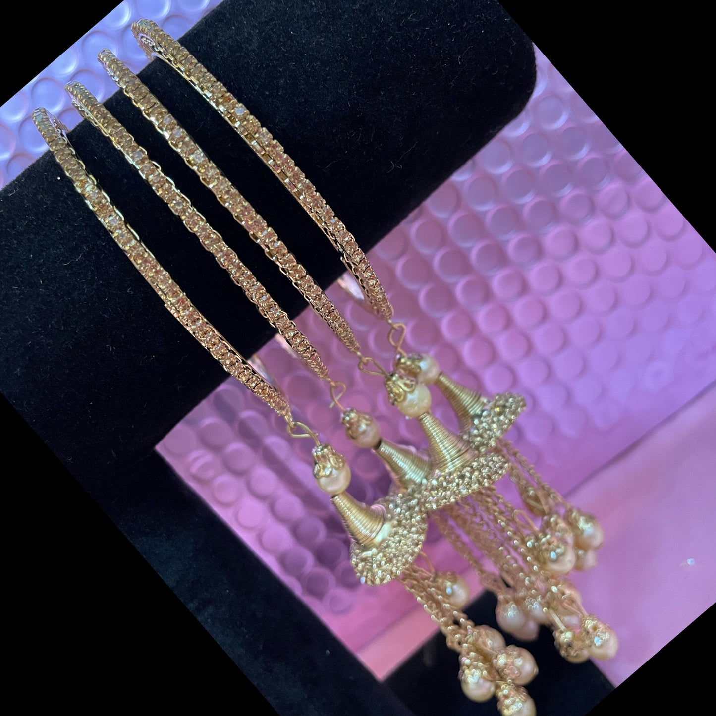 Gold Zirconia Pearl Hanging Metal Bangles